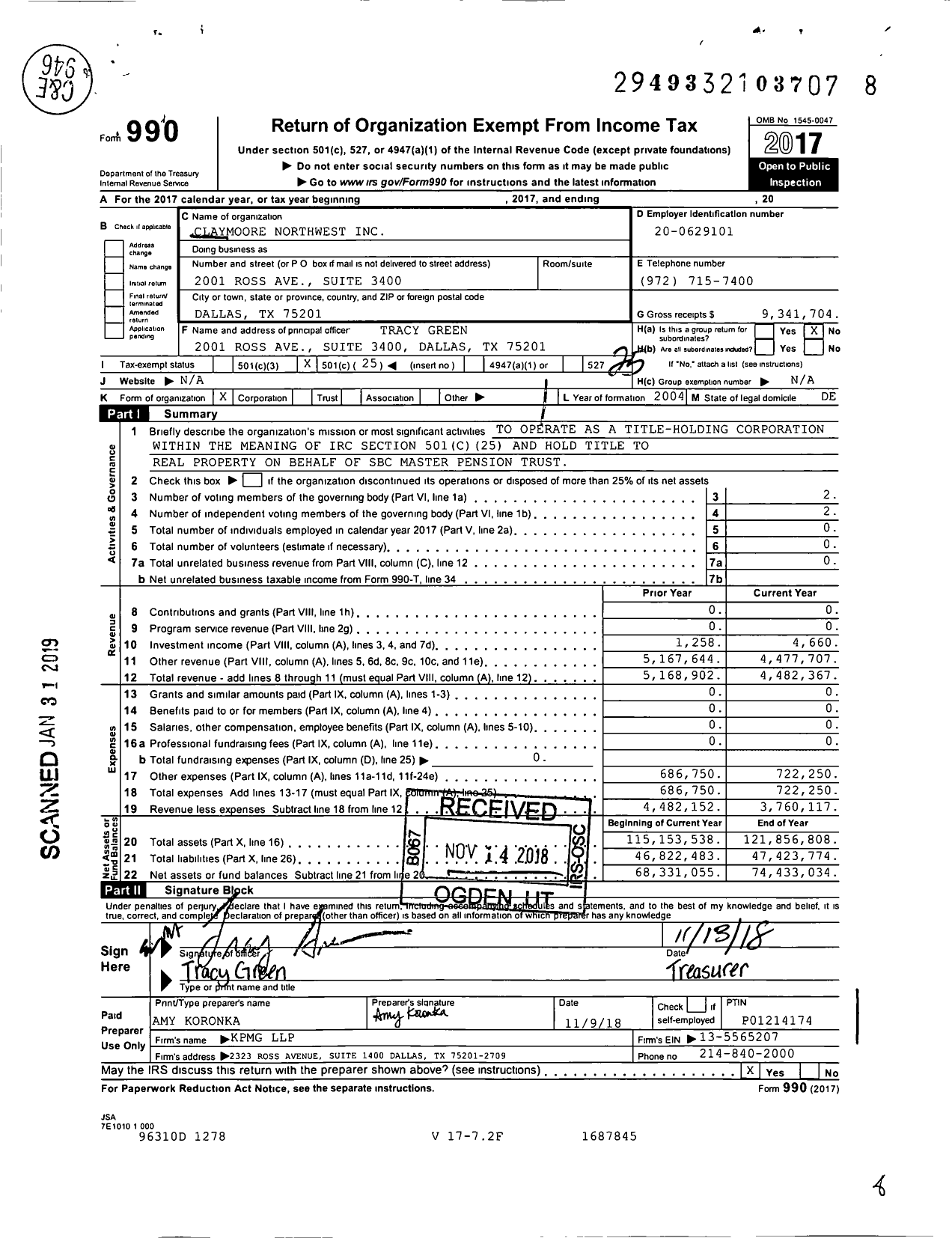 Image of first page of 2017 Form 990O for Claymoore Northwest
