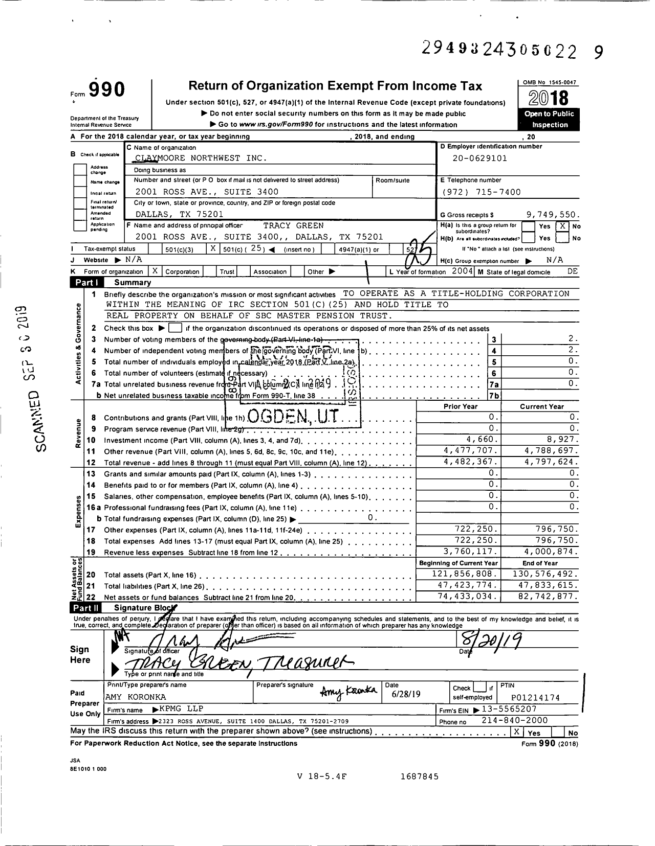 Image of first page of 2018 Form 990O for Claymoore Northwest