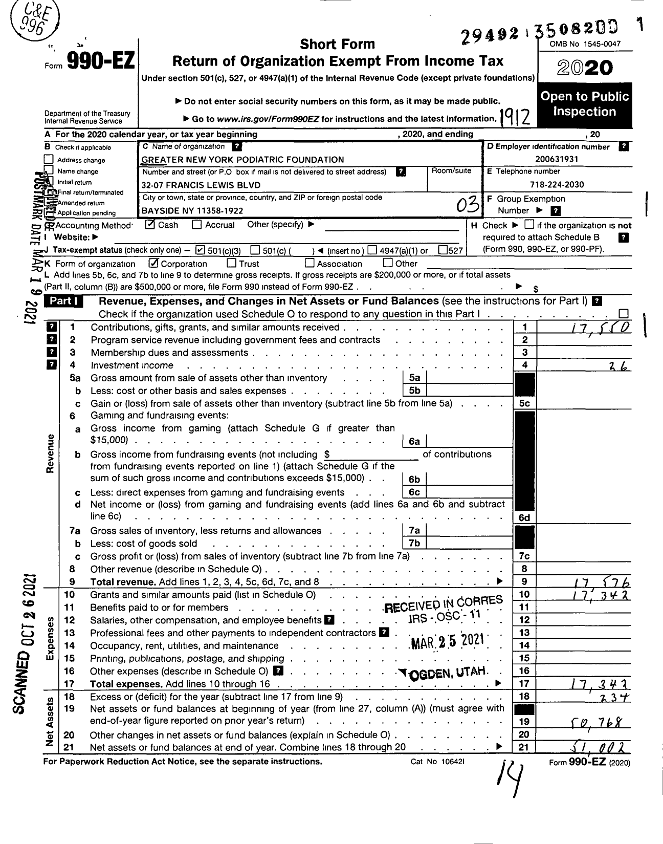 Image of first page of 2019 Form 990EZ for Greater New York Podiatric Foundation