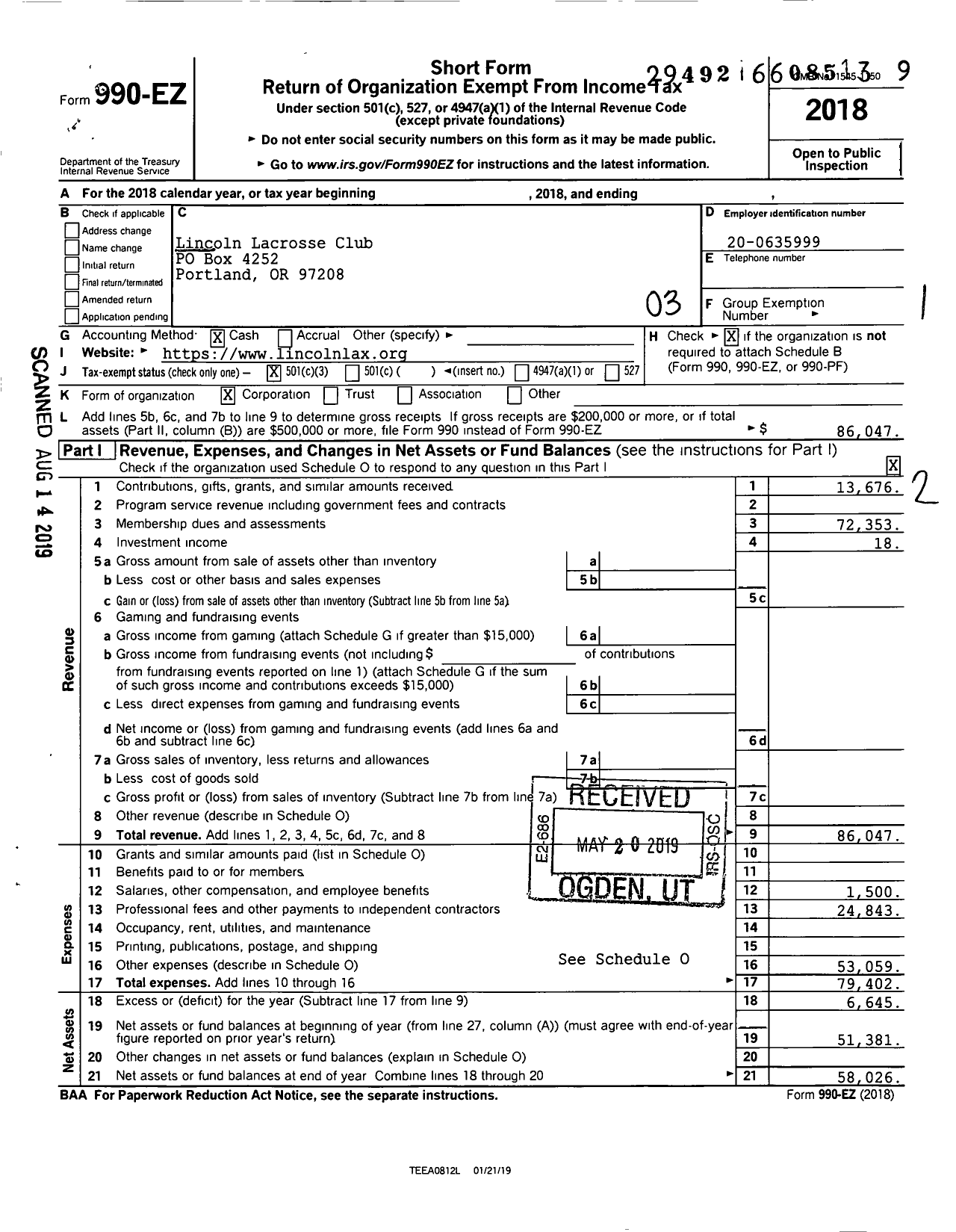 Image of first page of 2018 Form 990EZ for Lincoln Lacrosse Club