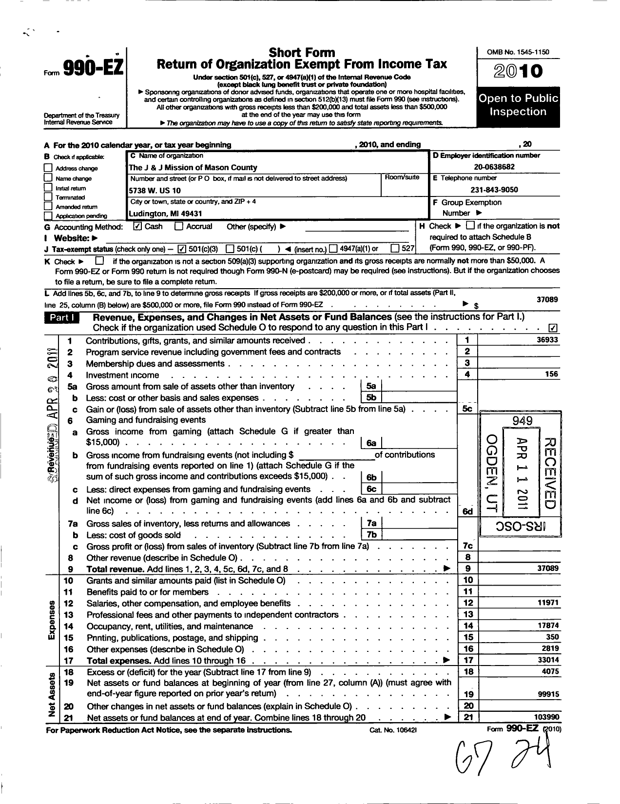 Image of first page of 2010 Form 990EZ for J and J Mission of Mason County