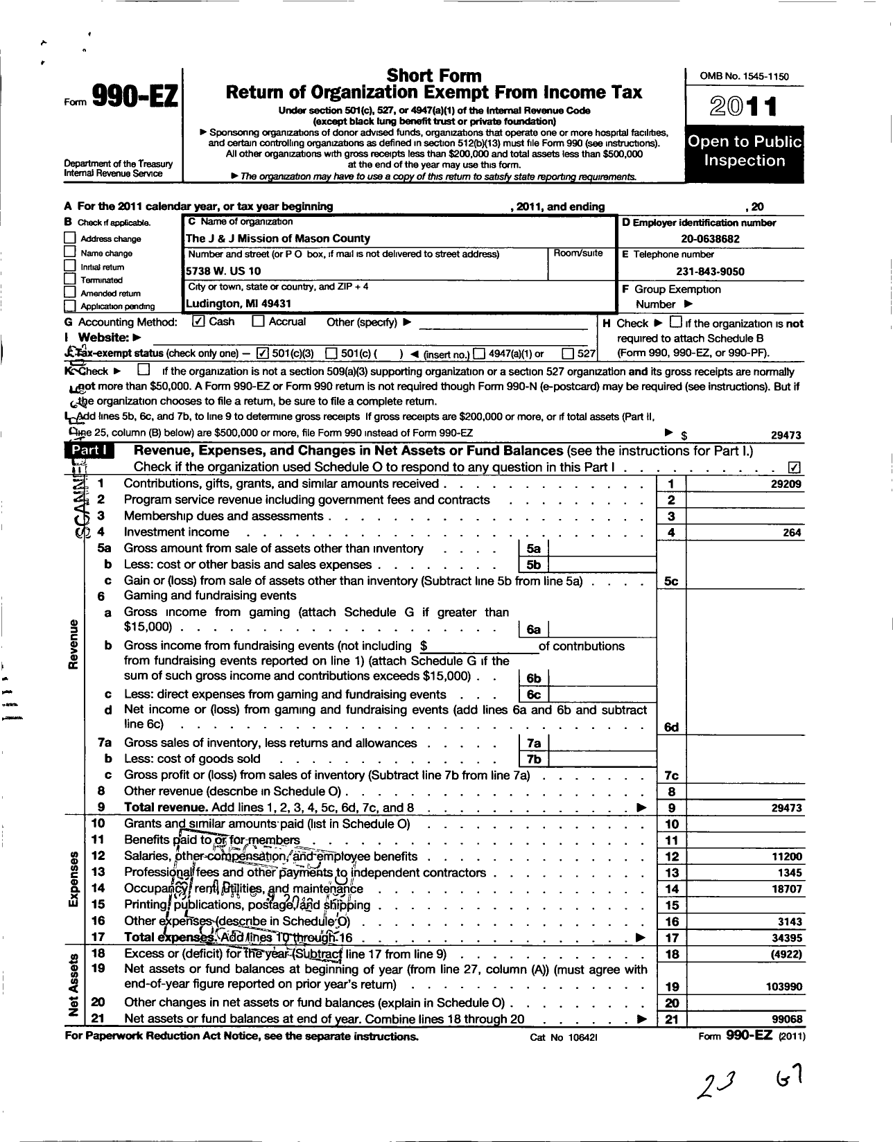 Image of first page of 2011 Form 990EZ for J and J Mission of Mason County