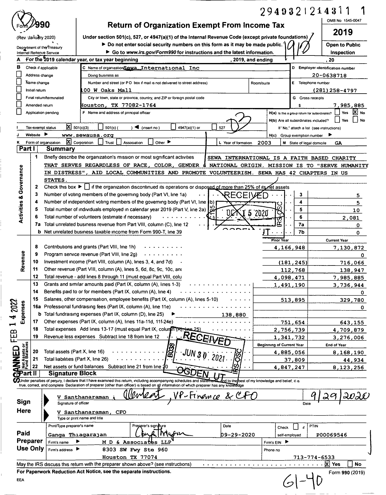 Image of first page of 2019 Form 990 for Sewa International