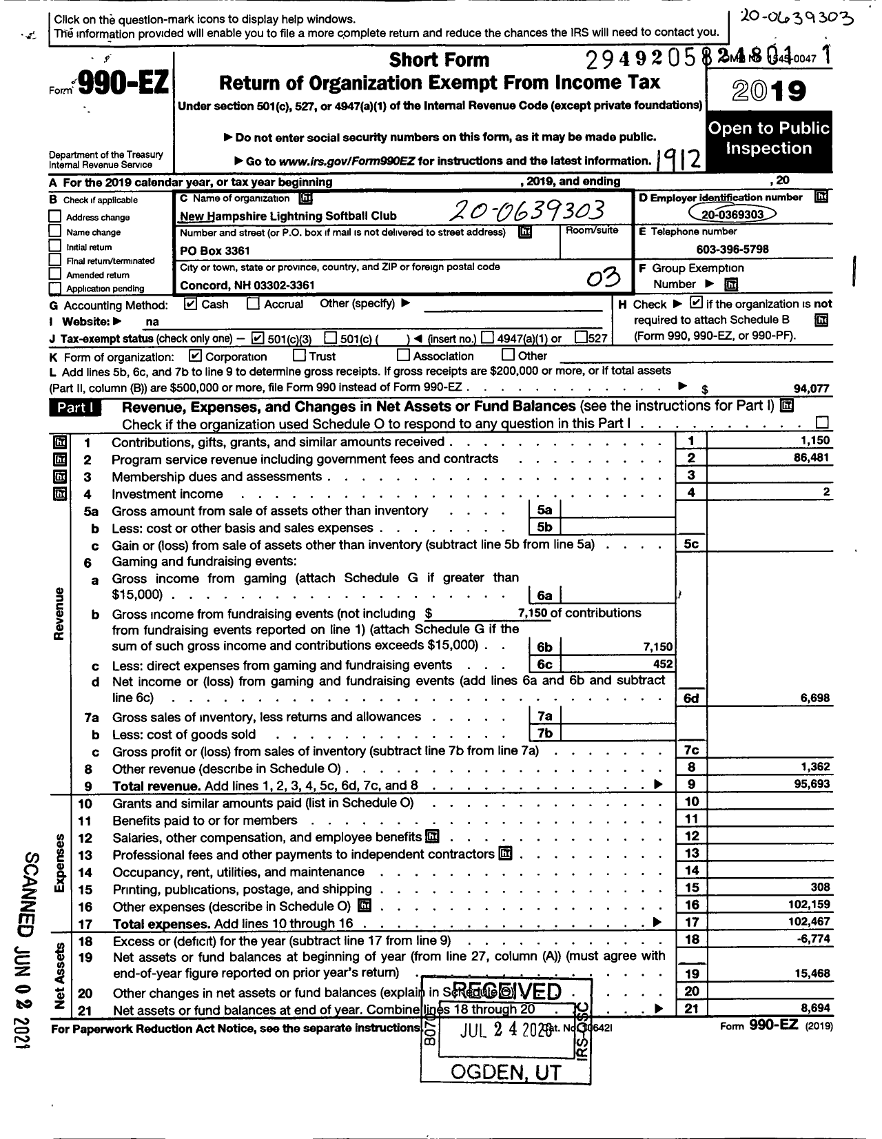 Image of first page of 2019 Form 990EZ for New Hampshire Lightning Softball Club