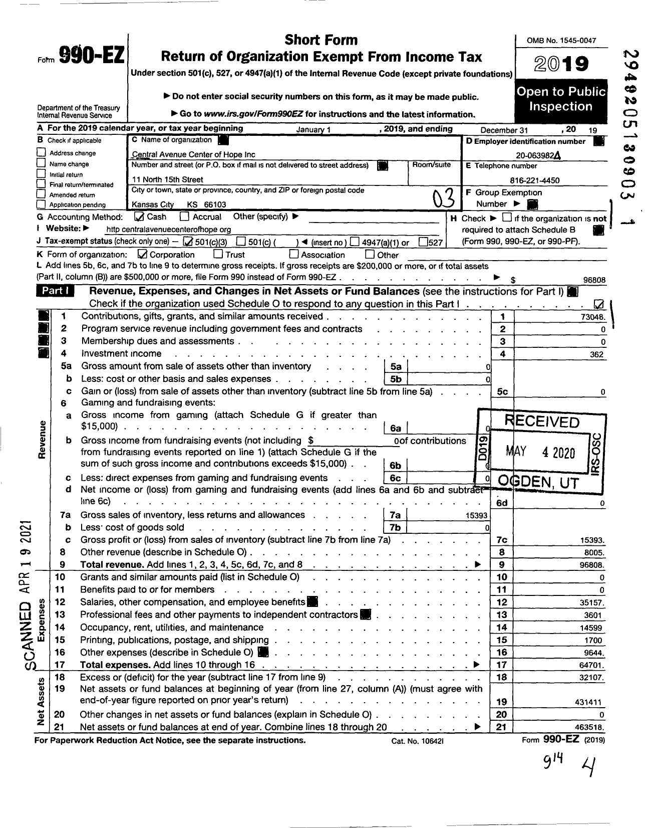 Image of first page of 2019 Form 990EZ for Central Avenue Center of Hope