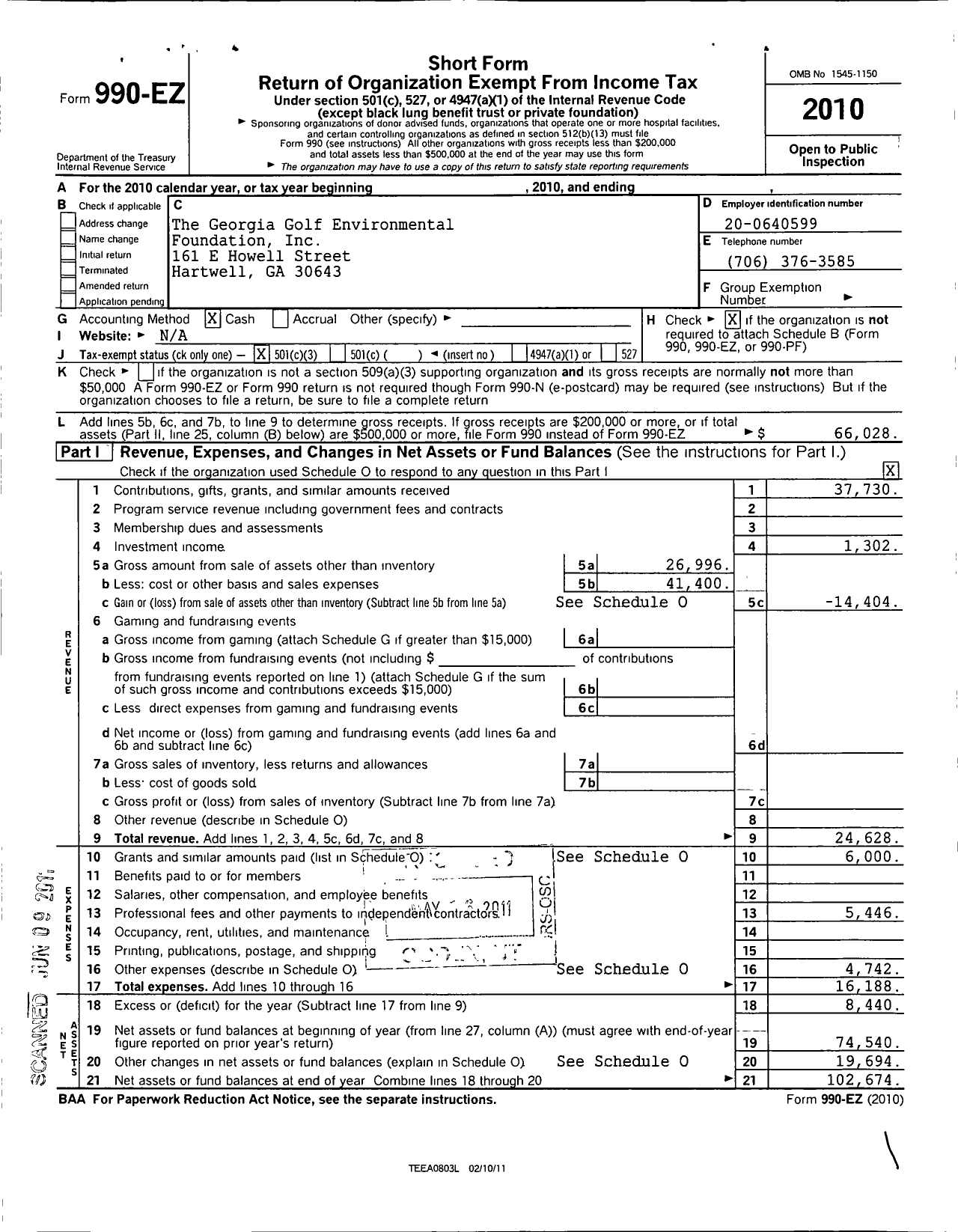 Image of first page of 2010 Form 990EZ for The Georgia Golf Environmental Foundation