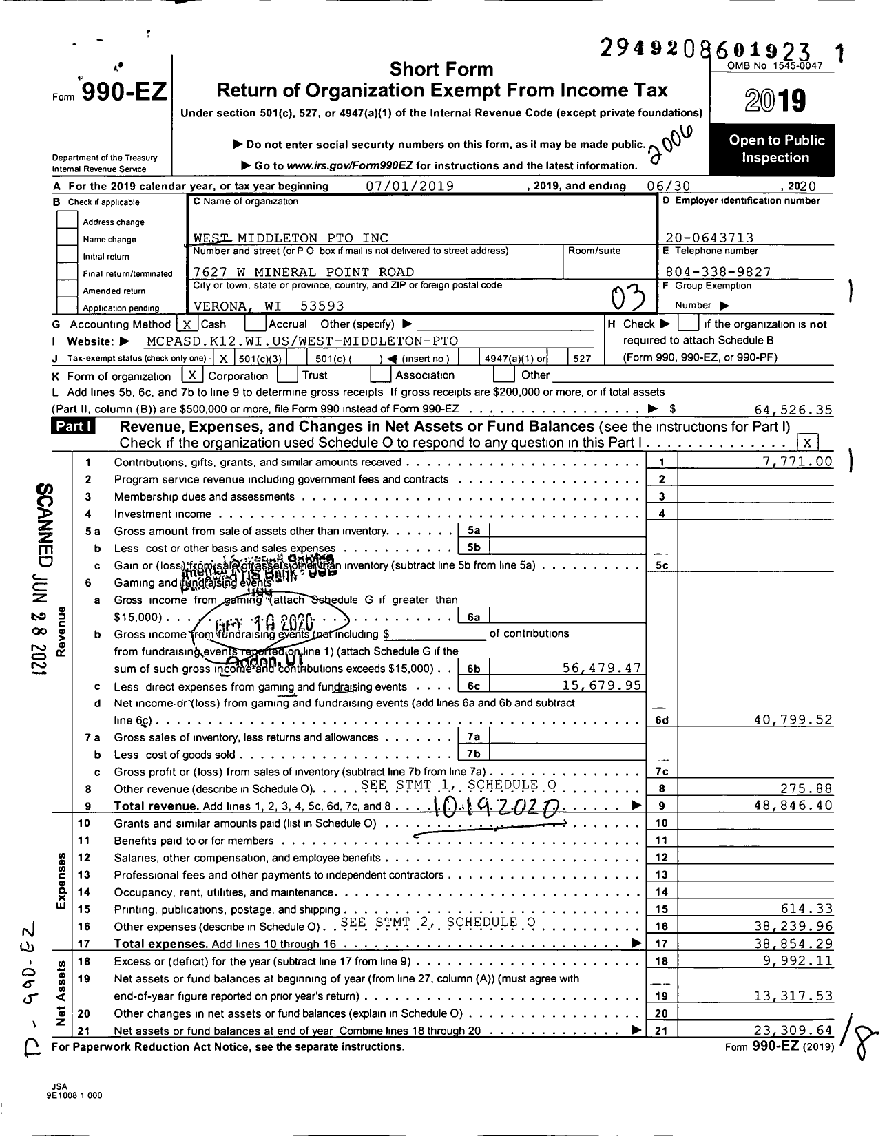 Image of first page of 2019 Form 990EZ for West Middleton PTO
