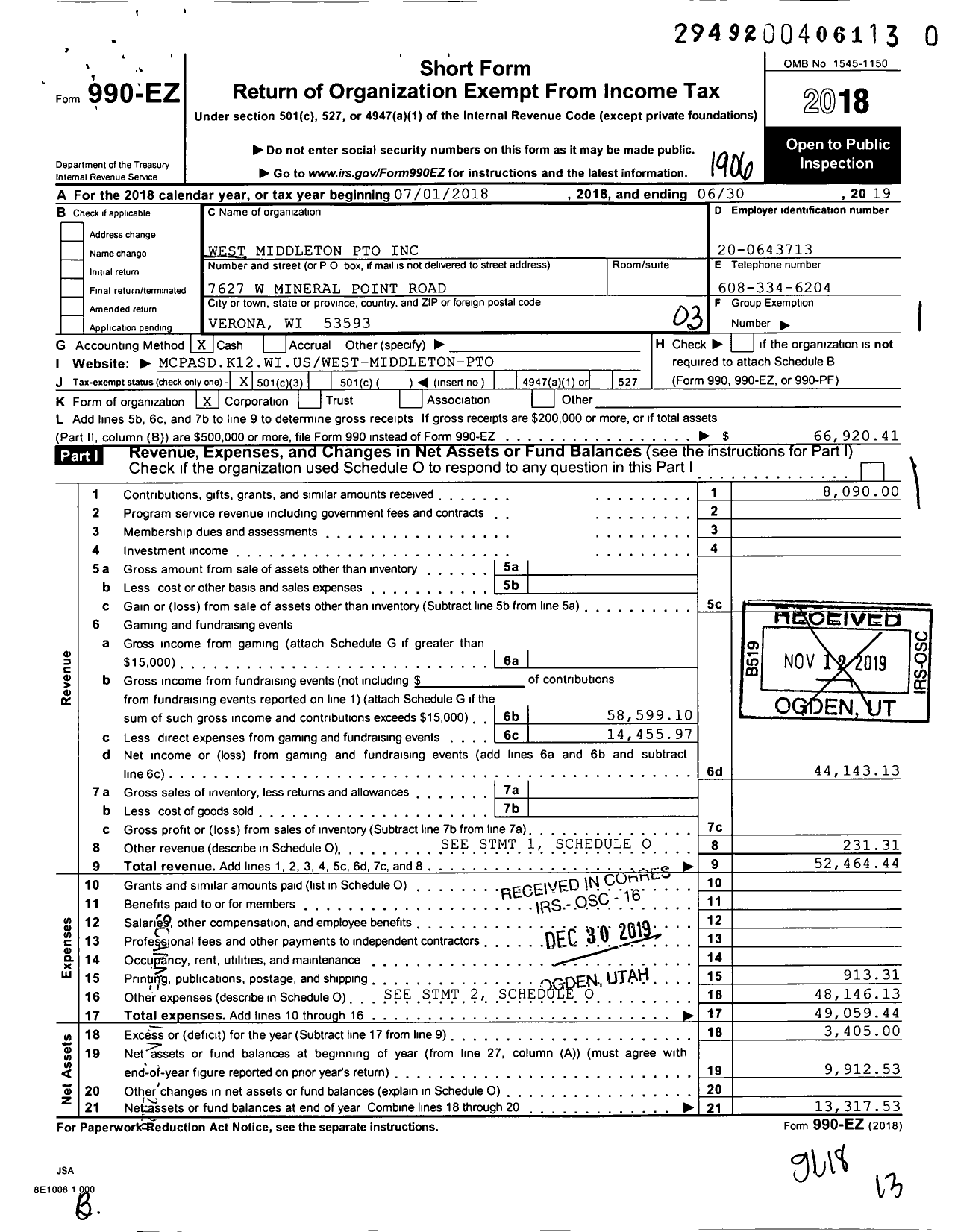 Image of first page of 2018 Form 990EZ for West Middleton PTO