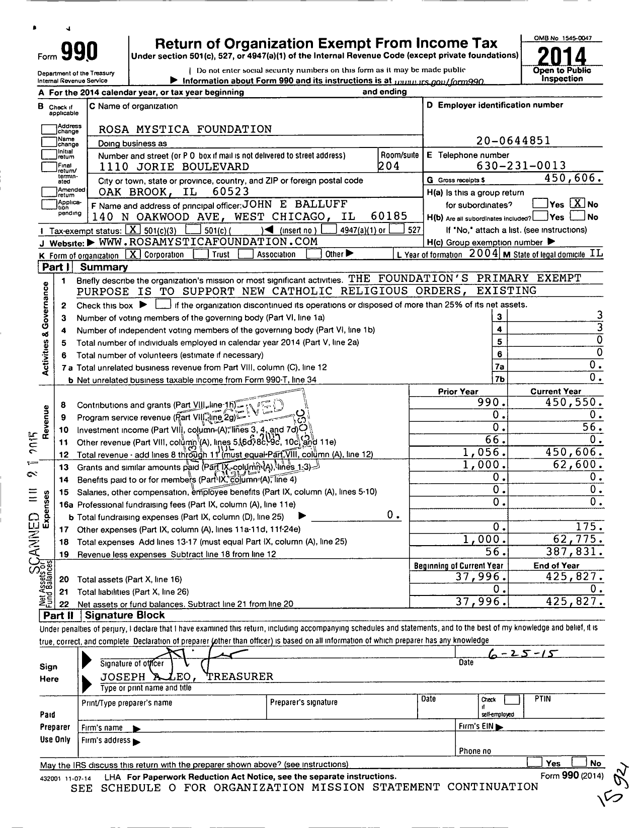 Image of first page of 2014 Form 990 for Rosa Mystica Foundation