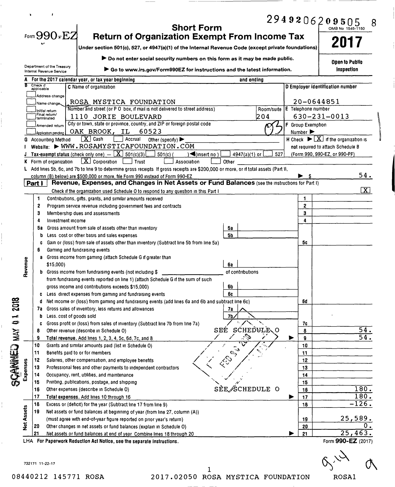 Image of first page of 2017 Form 990EZ for Rosa Mystica Foundation