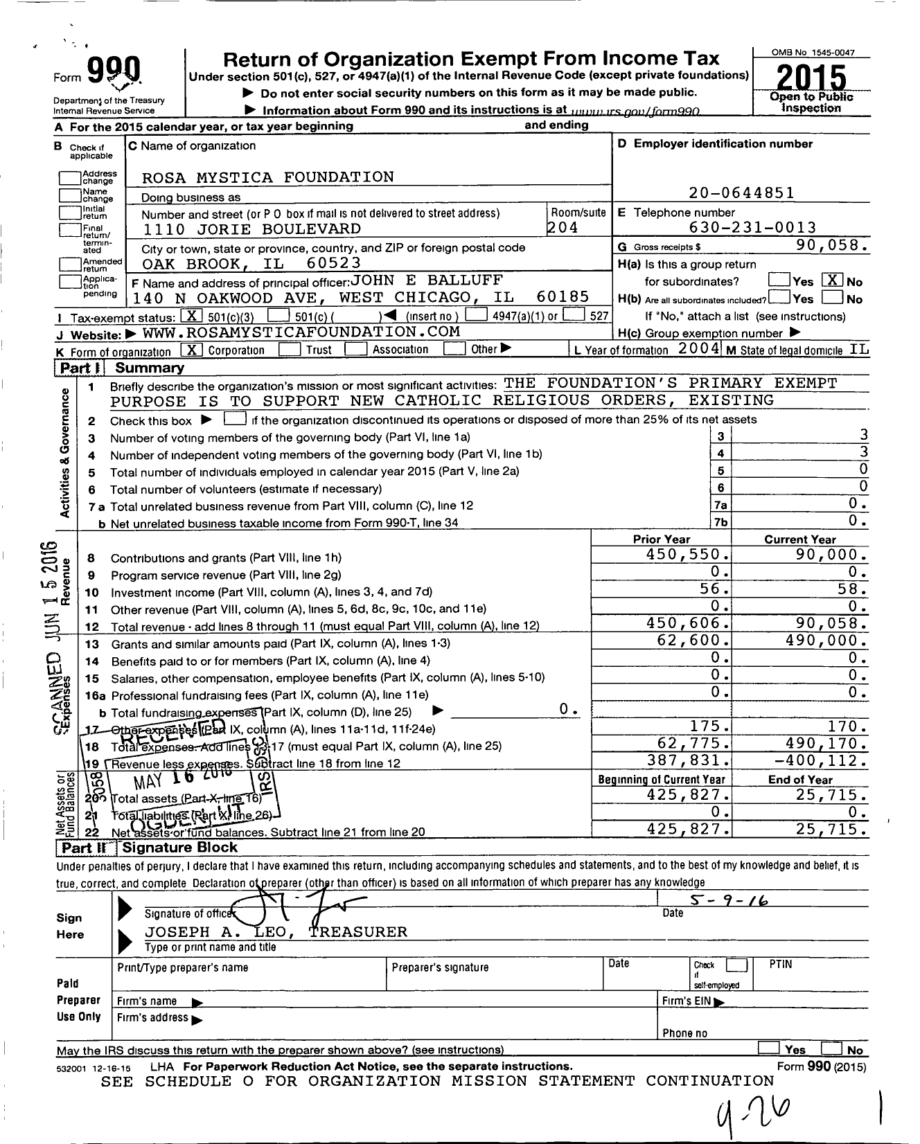 Image of first page of 2015 Form 990 for Rosa Mystica Foundation