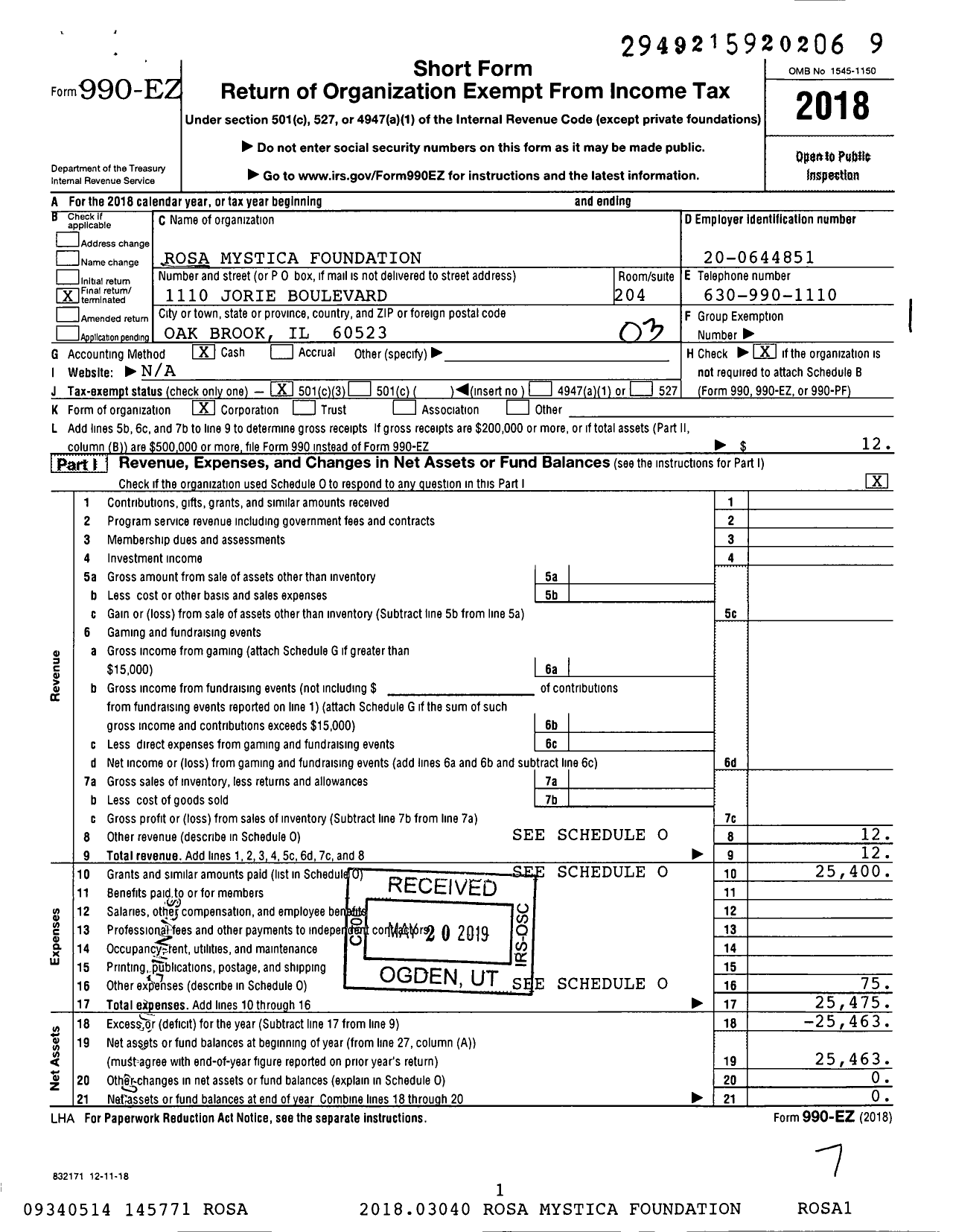 Image of first page of 2018 Form 990EZ for Rosa Mystica Foundation