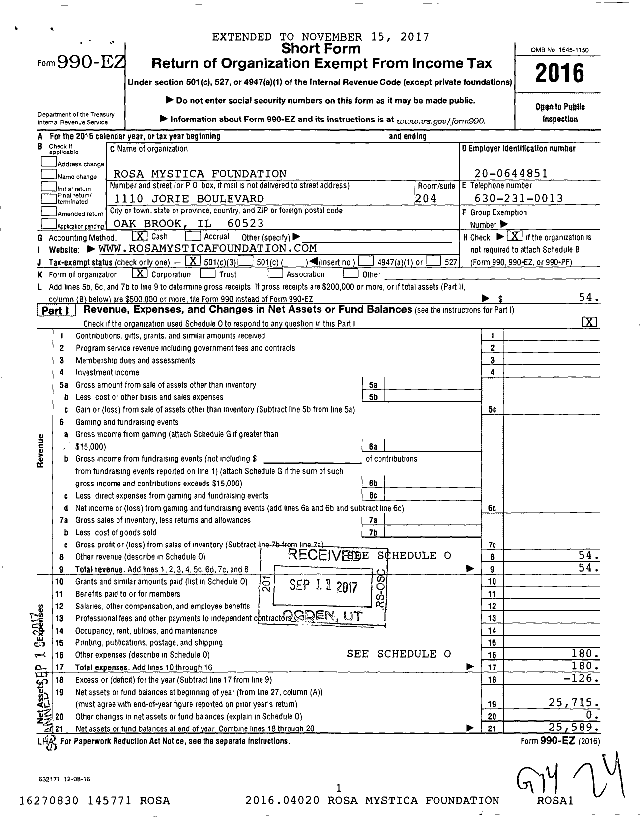 Image of first page of 2016 Form 990EZ for Rosa Mystica Foundation