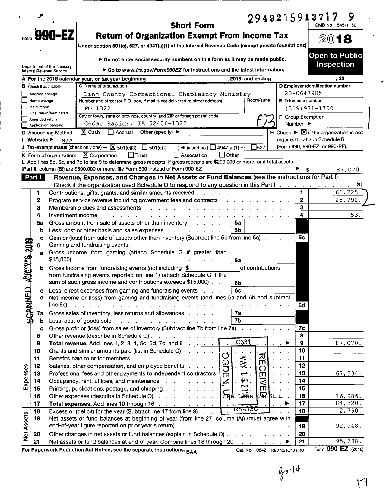 Image of first page of 2018 Form 990EZ for Linn County Correctional Chaplaincy Ministry