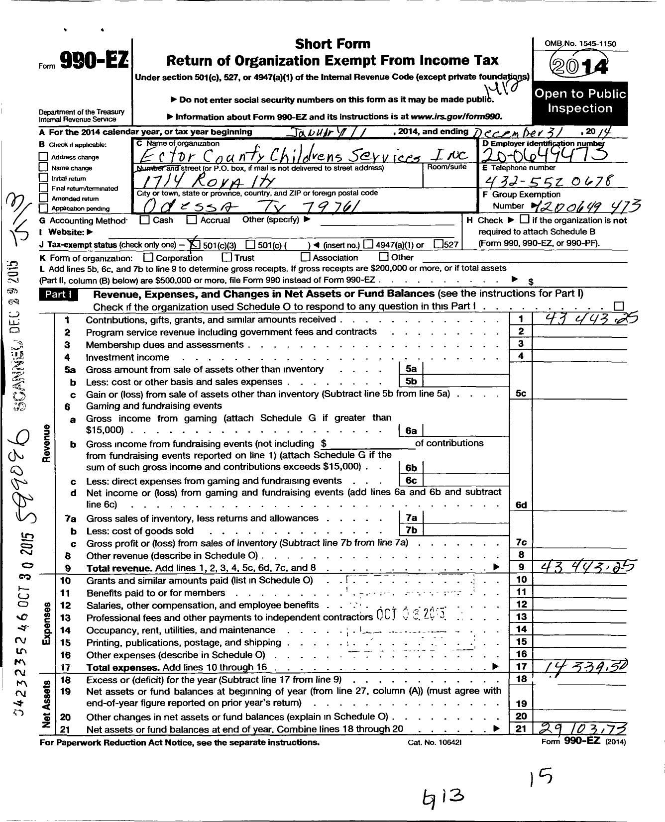 Image of first page of 2014 Form 990EZ for Ector County Childerns Services