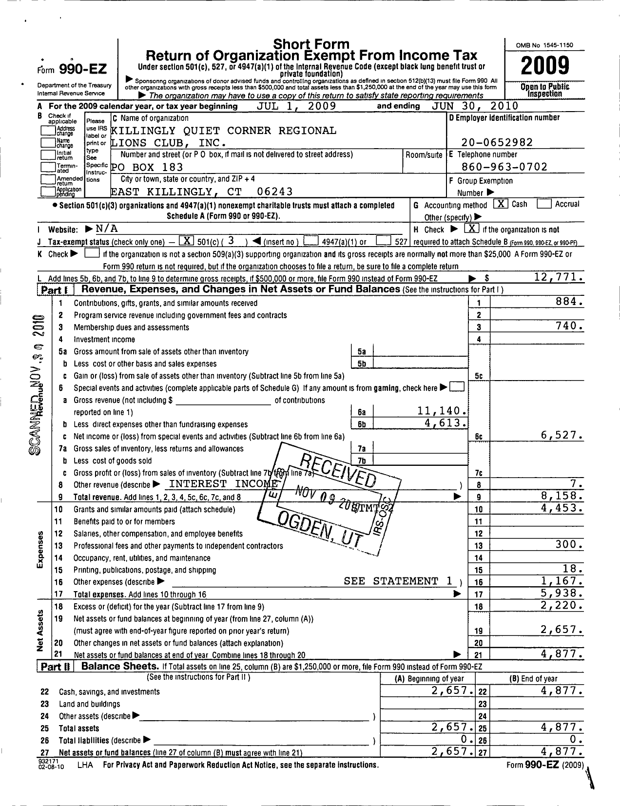 Image of first page of 2009 Form 990EZ for Lions Clubs - 77856 Killingly Quiet Corner Region