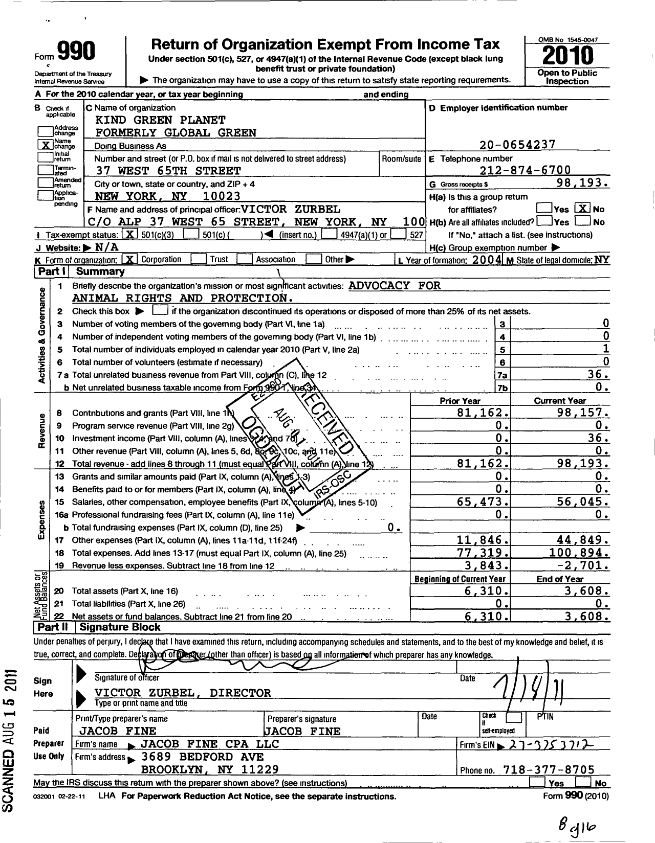 Image of first page of 2010 Form 990 for Kind Green Planet