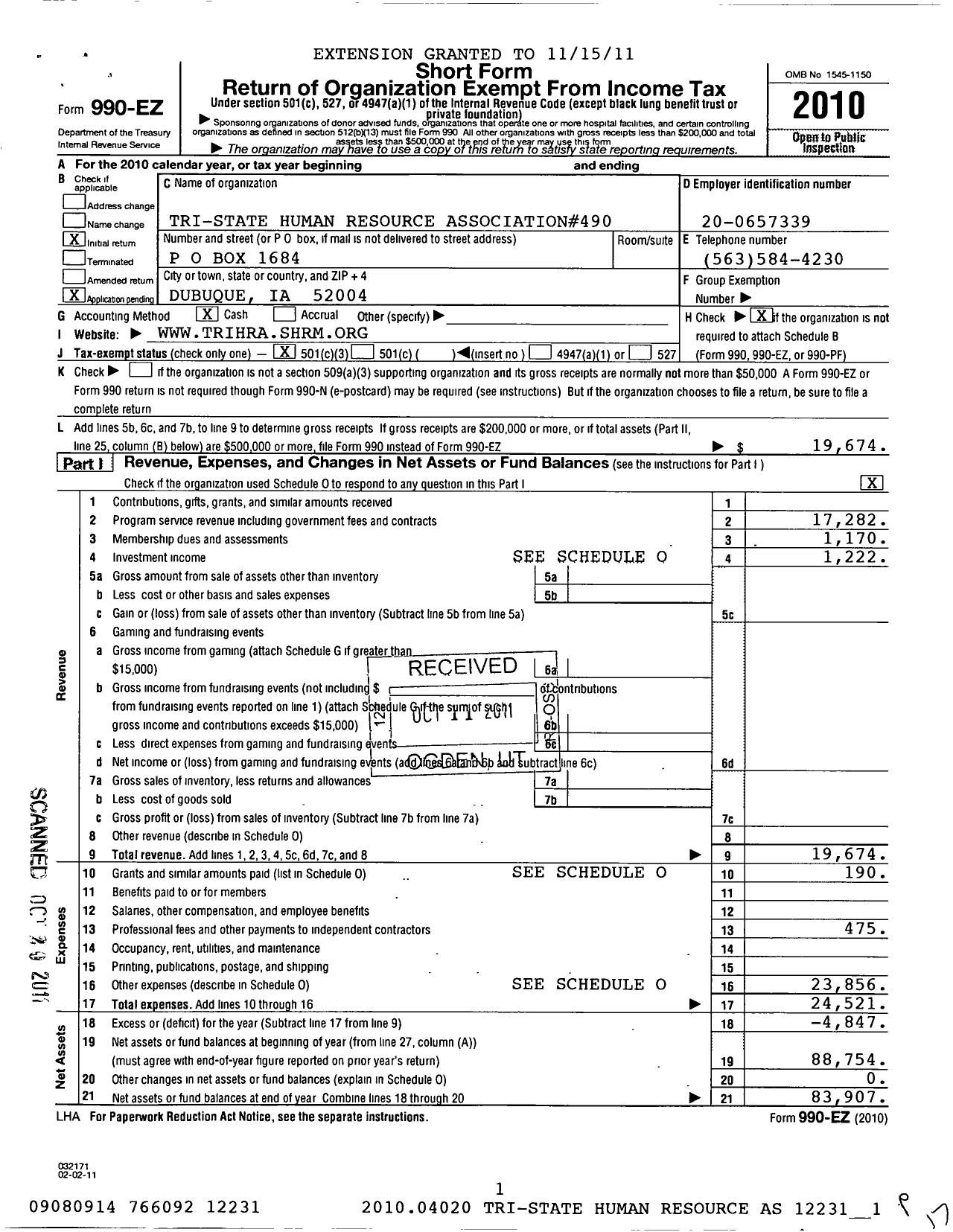 Image of first page of 2010 Form 990EZ for Tri-State Human Resource Association#490