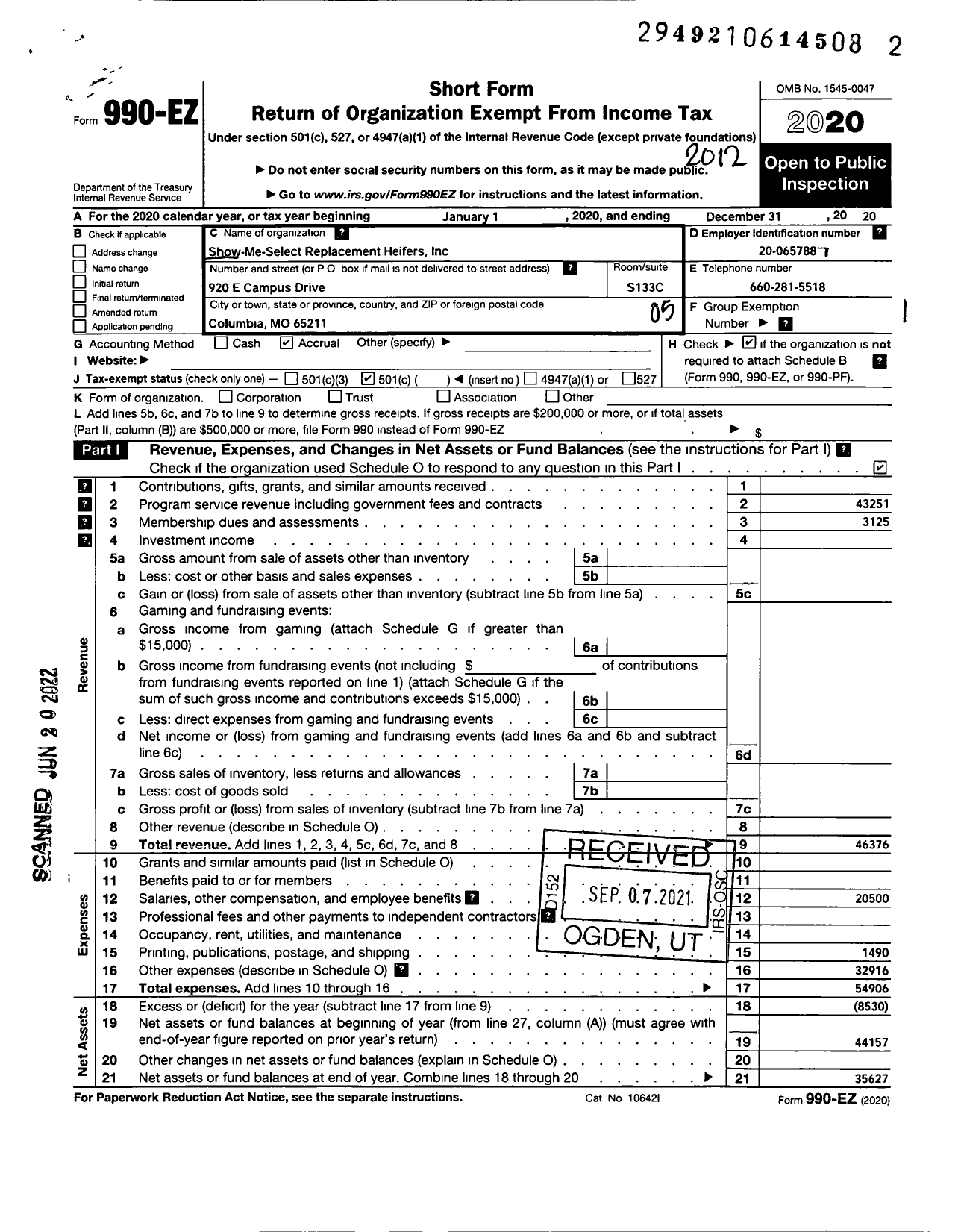 Image of first page of 2020 Form 990EO for Show Me Select Replacement Heifers