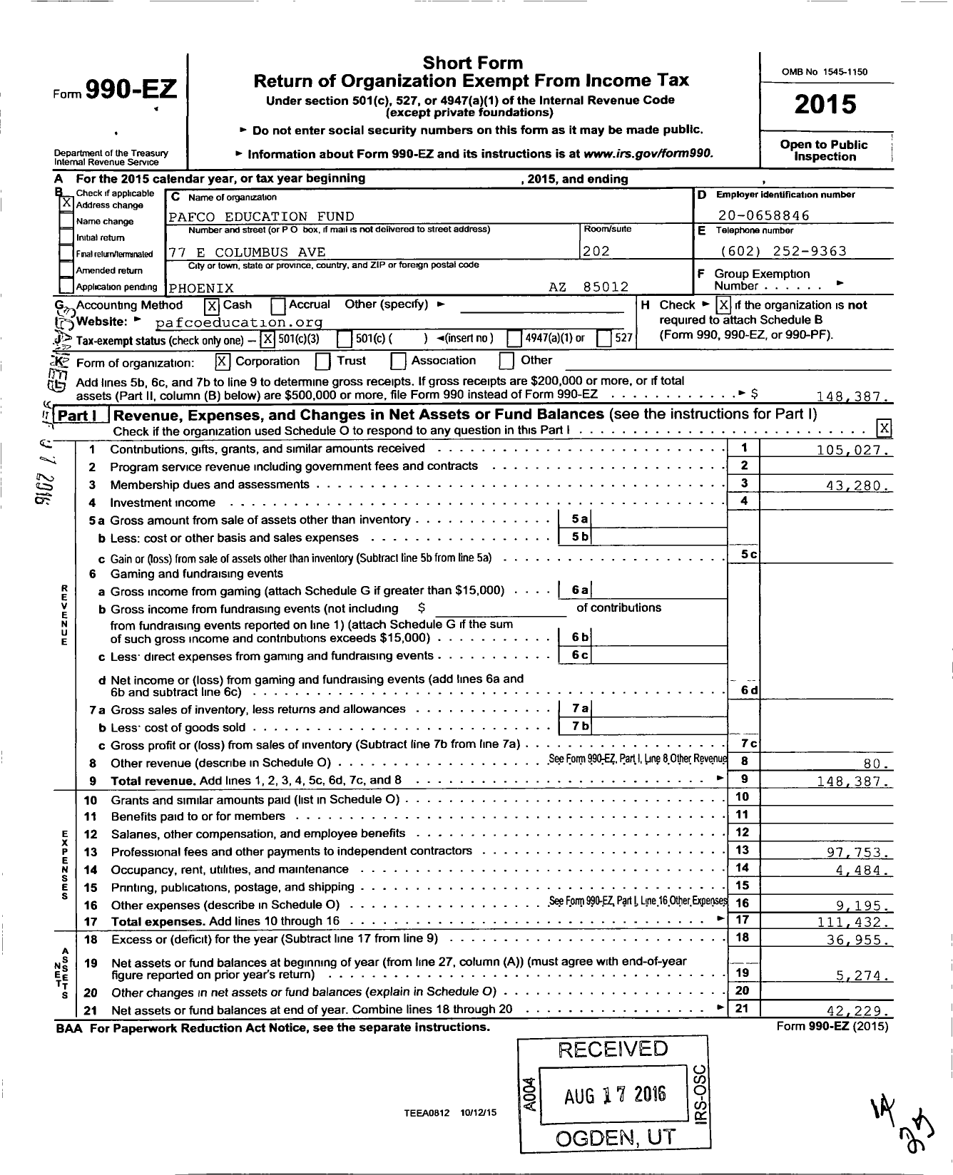 Image of first page of 2015 Form 990EZ for Pafco Education Fund