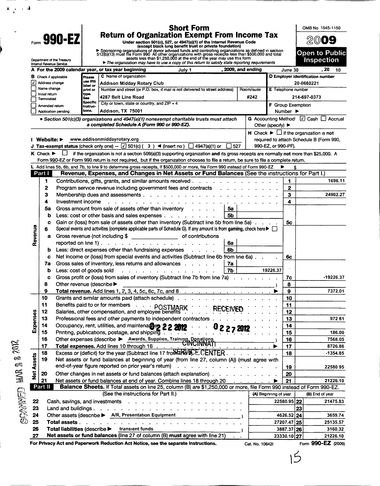 Image of first page of 2009 Form 990EZ for Rotary International - Addison Midday