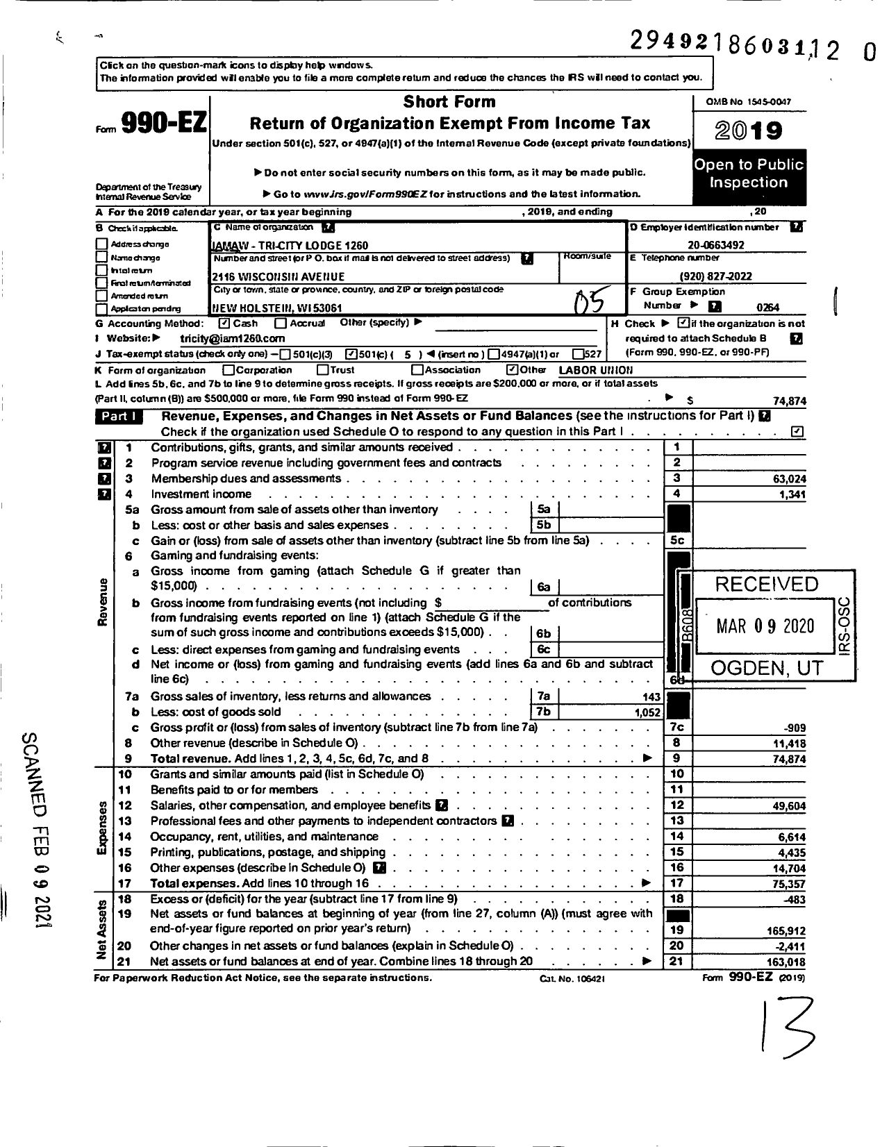 Image of first page of 2019 Form 990EO for International Association of Machinists and Aerospace Workers - 1260 Local Lodge of the Iamaw