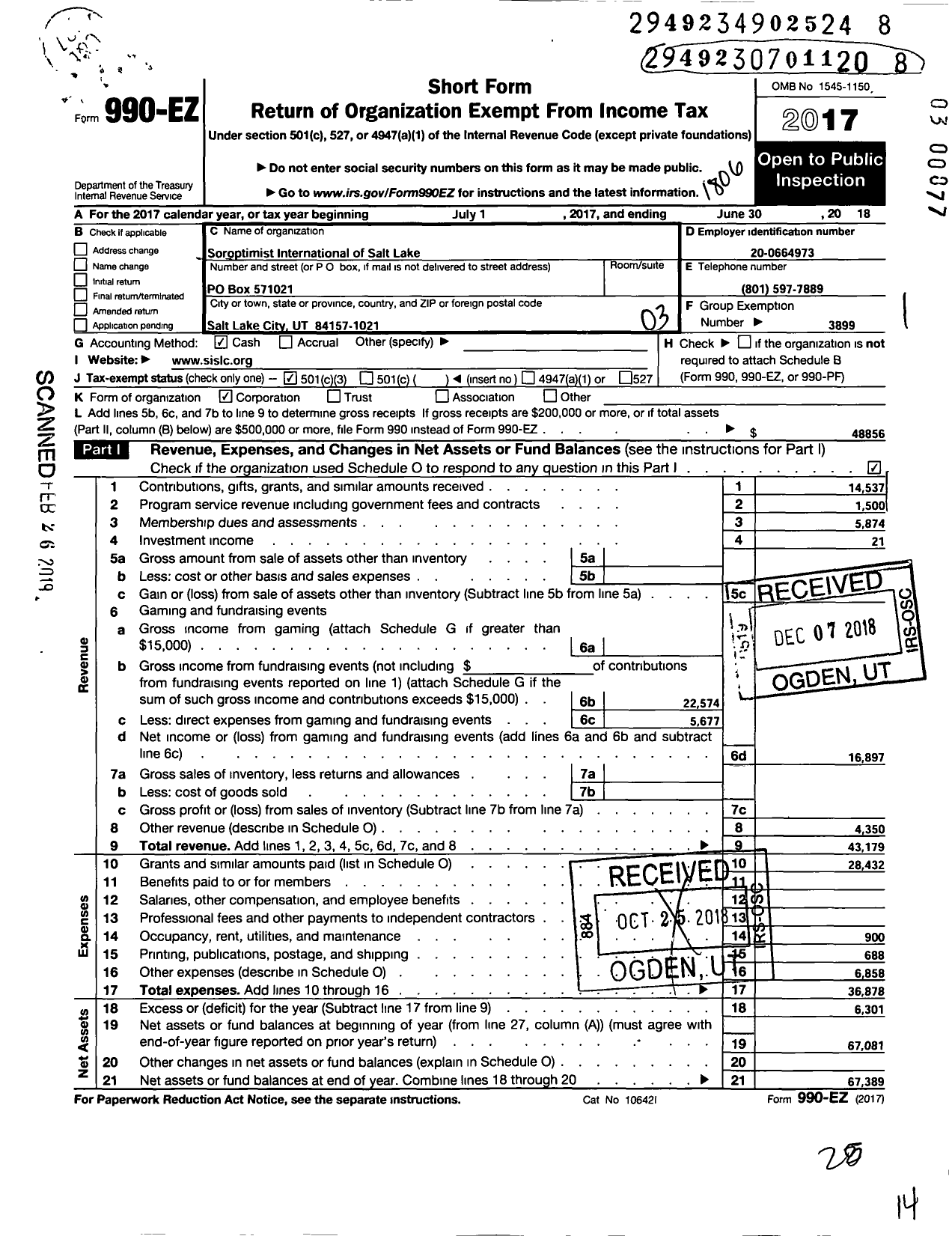 Image of first page of 2017 Form 990EZ for Soroptimist International of the Americas - 108027 Salt Lake City Ut