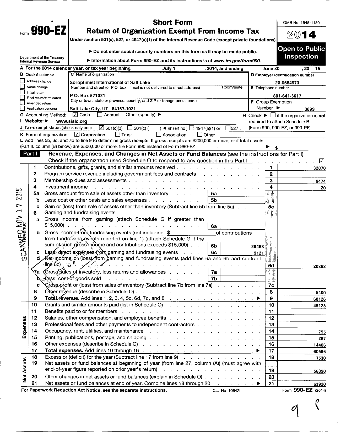 Image of first page of 2014 Form 990EZ for Soroptimist International of the Americas - 108027 Salt Lake City Ut