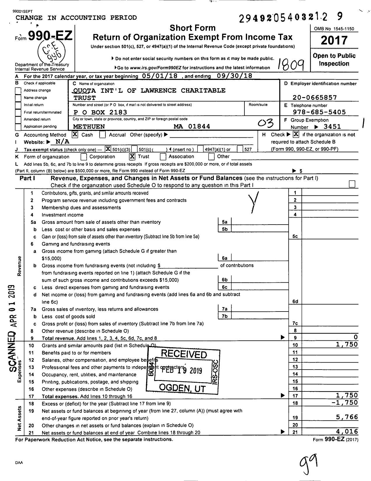 Image of first page of 2017 Form 990EZ for We Share Foundation / Lawrence Charitable Trust