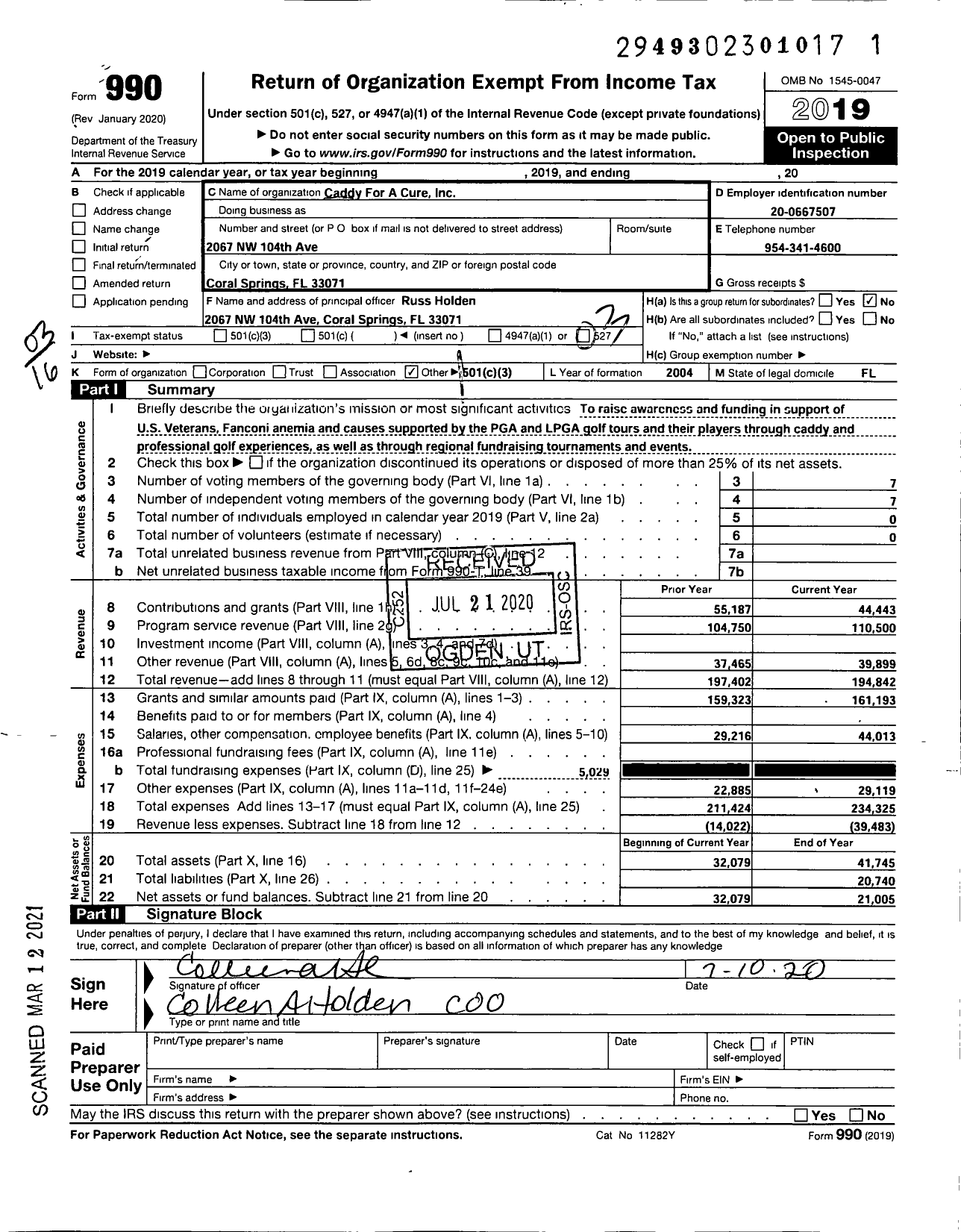 Image of first page of 2019 Form 990 for Caddy for A Cure