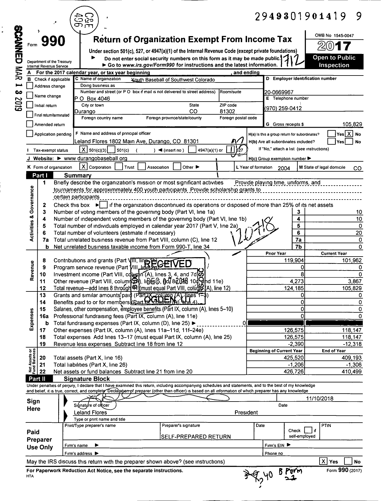 Image of first page of 2017 Form 990 for Durango Youth Baseball