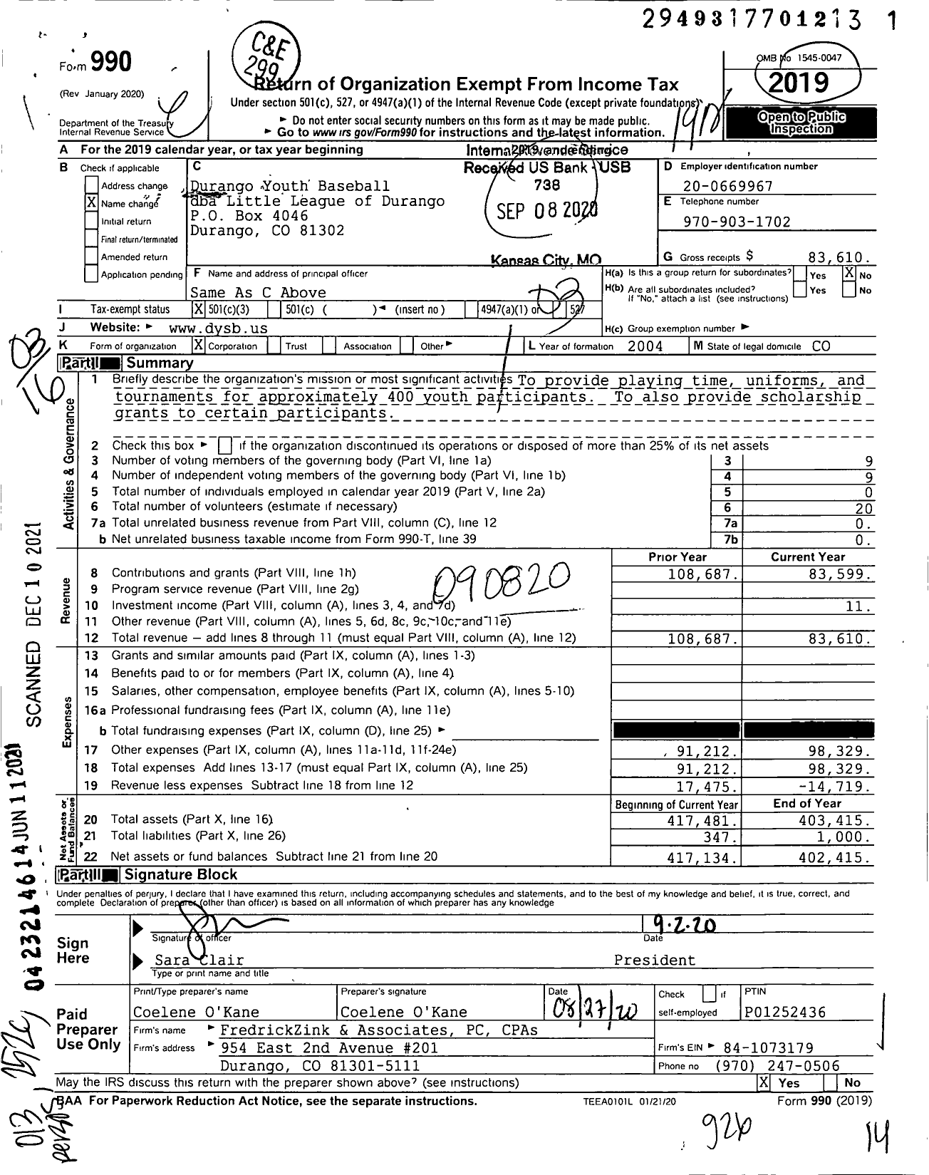 Image of first page of 2019 Form 990 for Durango Youth Baseball