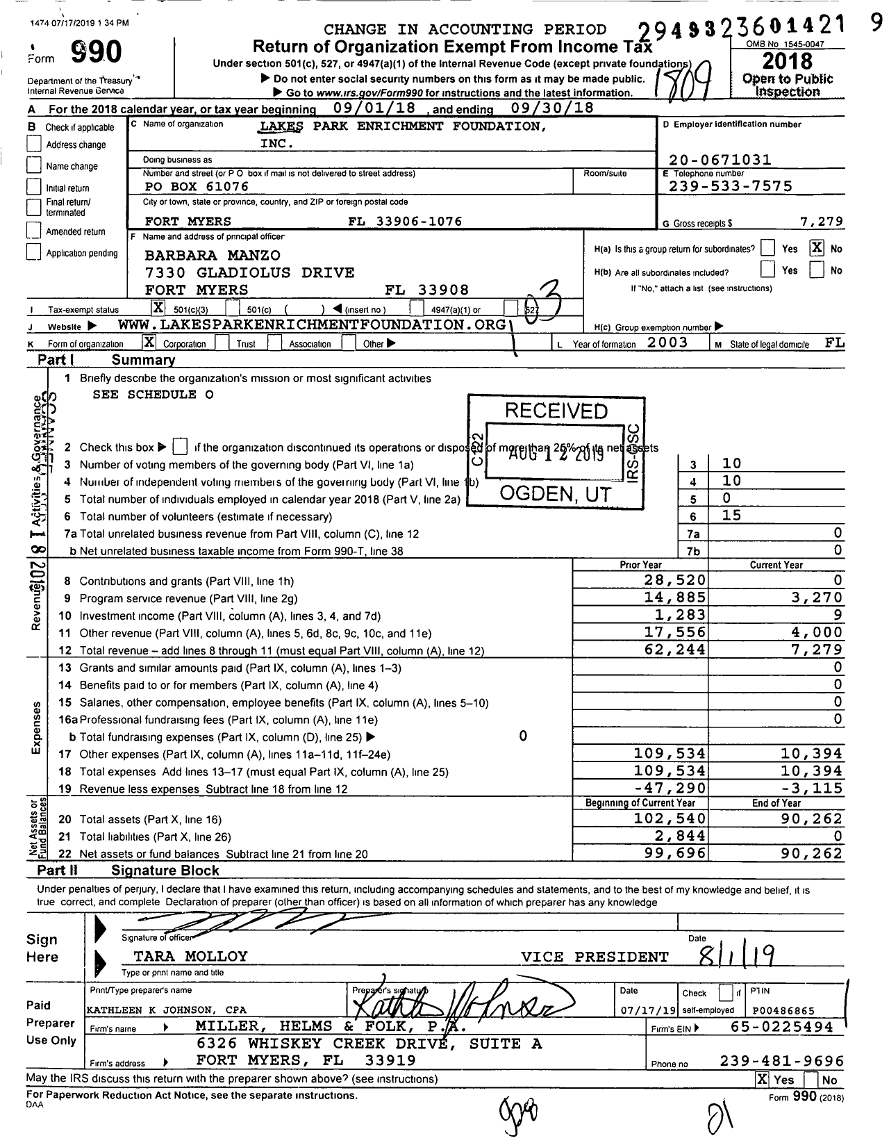 Image of first page of 2017 Form 990 for Lakes Park Enrichment Foundation