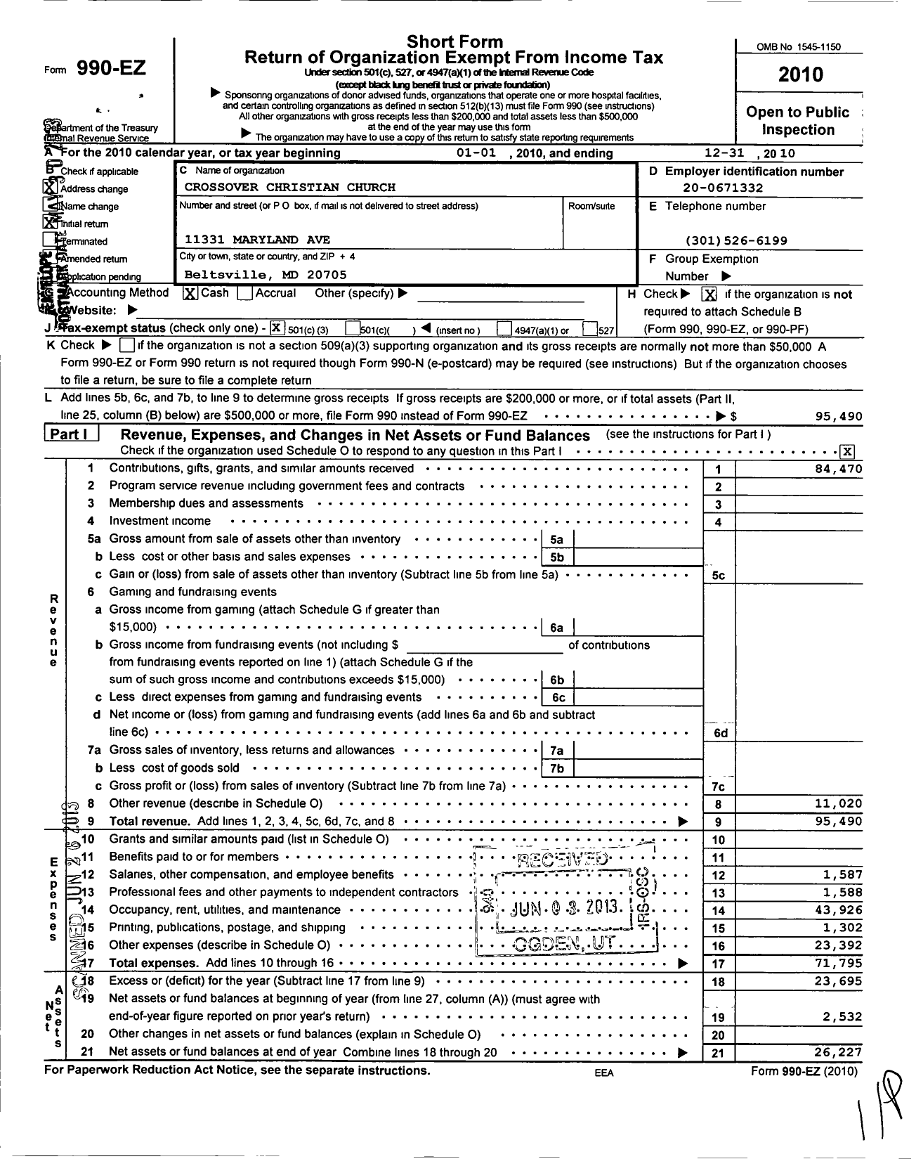 Image of first page of 2010 Form 990EZ for Crossover Christian Church