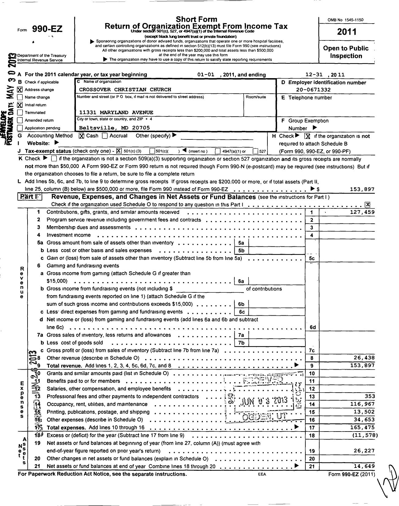 Image of first page of 2011 Form 990EZ for Crossover Christian Church