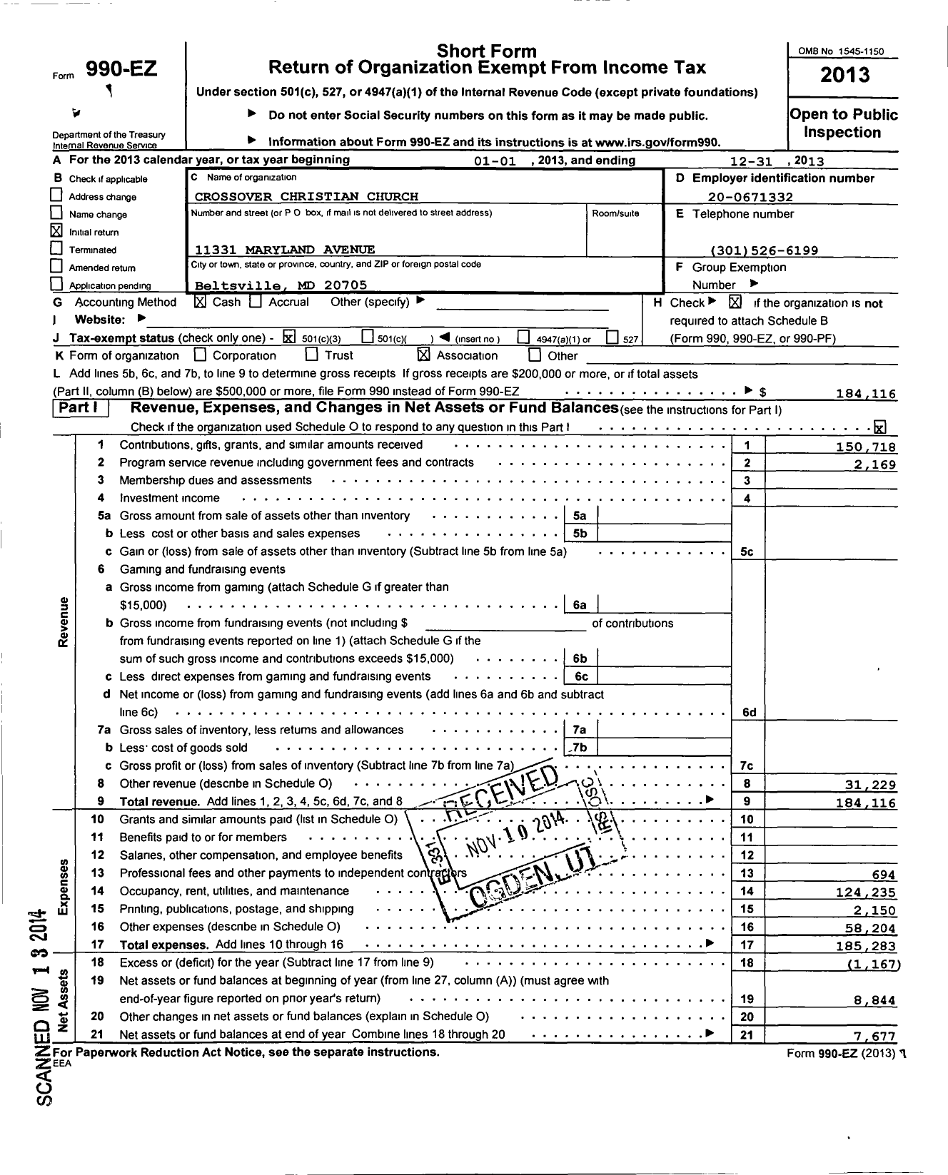 Image of first page of 2013 Form 990EZ for Crossover Christian Church