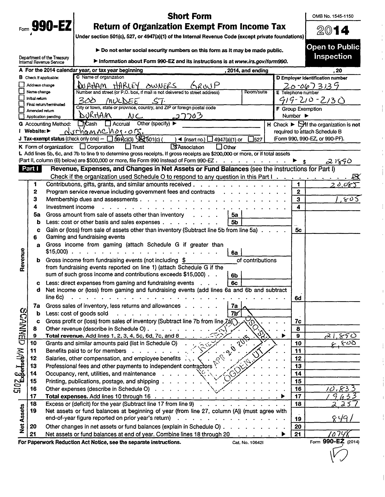 Image of first page of 2014 Form 990EO for Durham Harley Owners Group