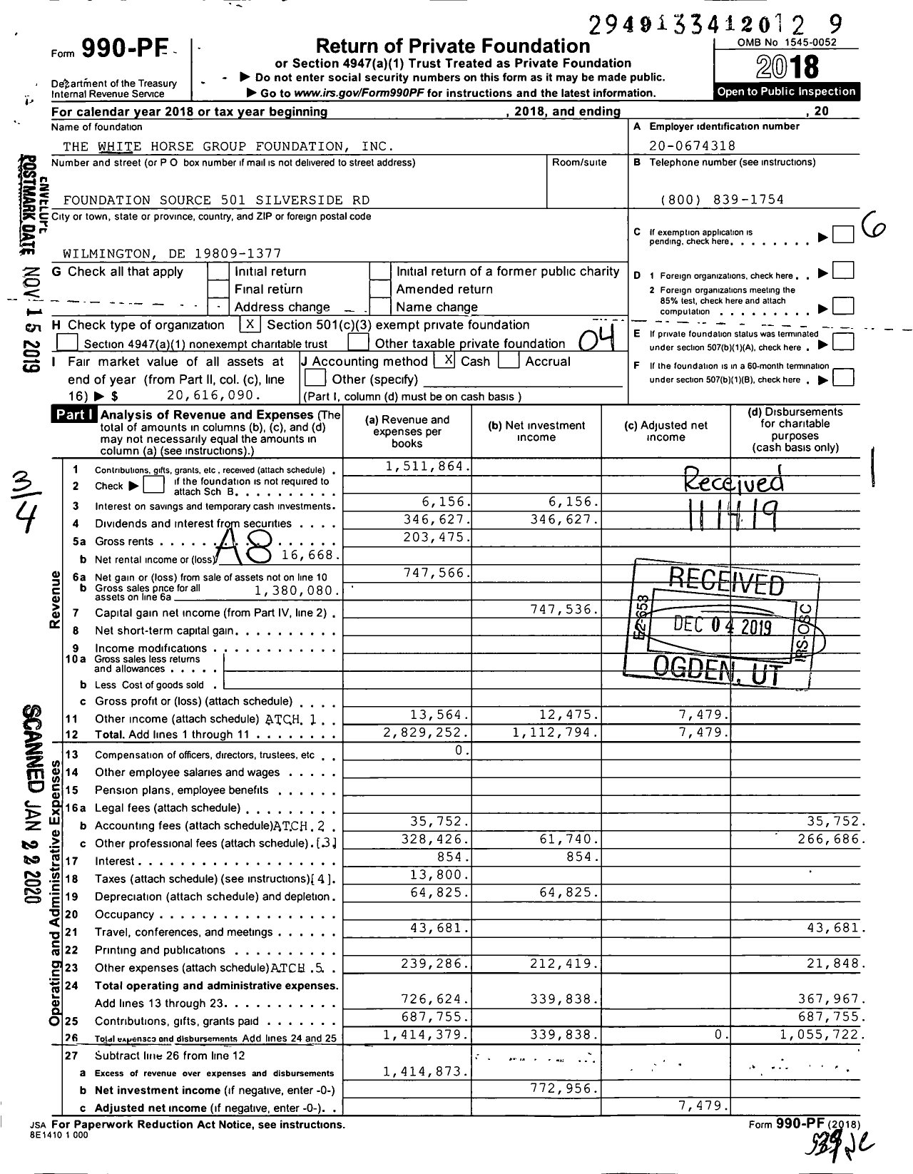 Image of first page of 2018 Form 990PF for The White Horse Group Foundation