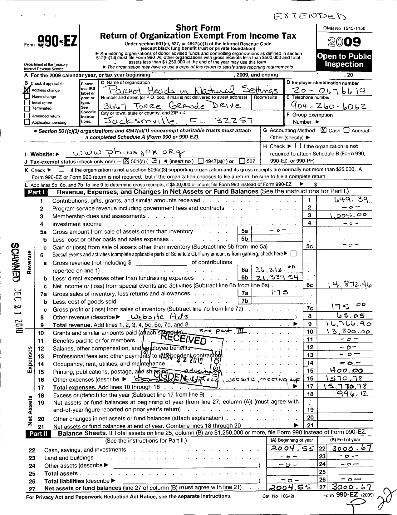 Image of first page of 2009 Form 990EZ for Parrot Heads in Natural Settings