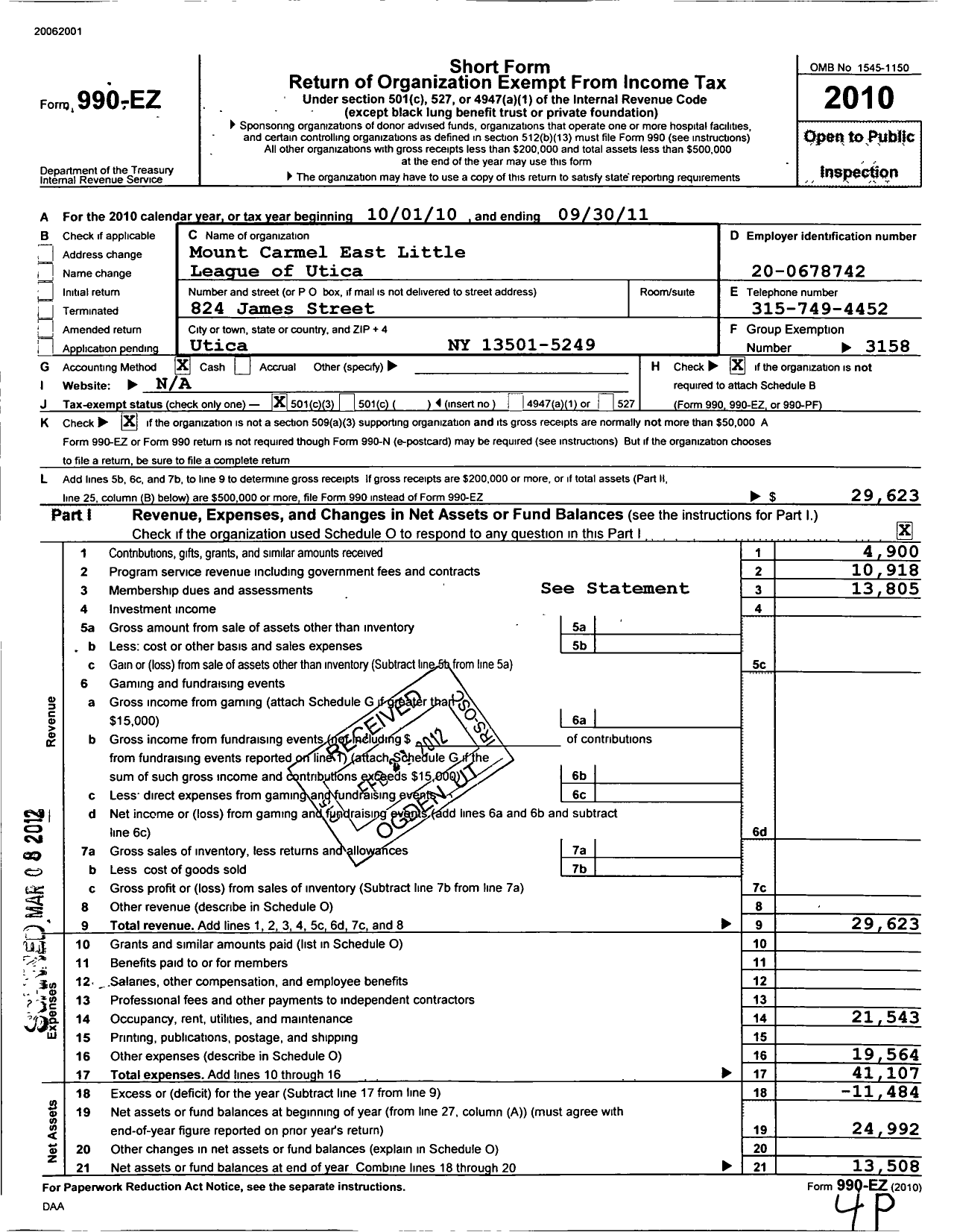 Image of first page of 2010 Form 990EZ for Little League Baseball - 2321013 Mount Carmel East LL