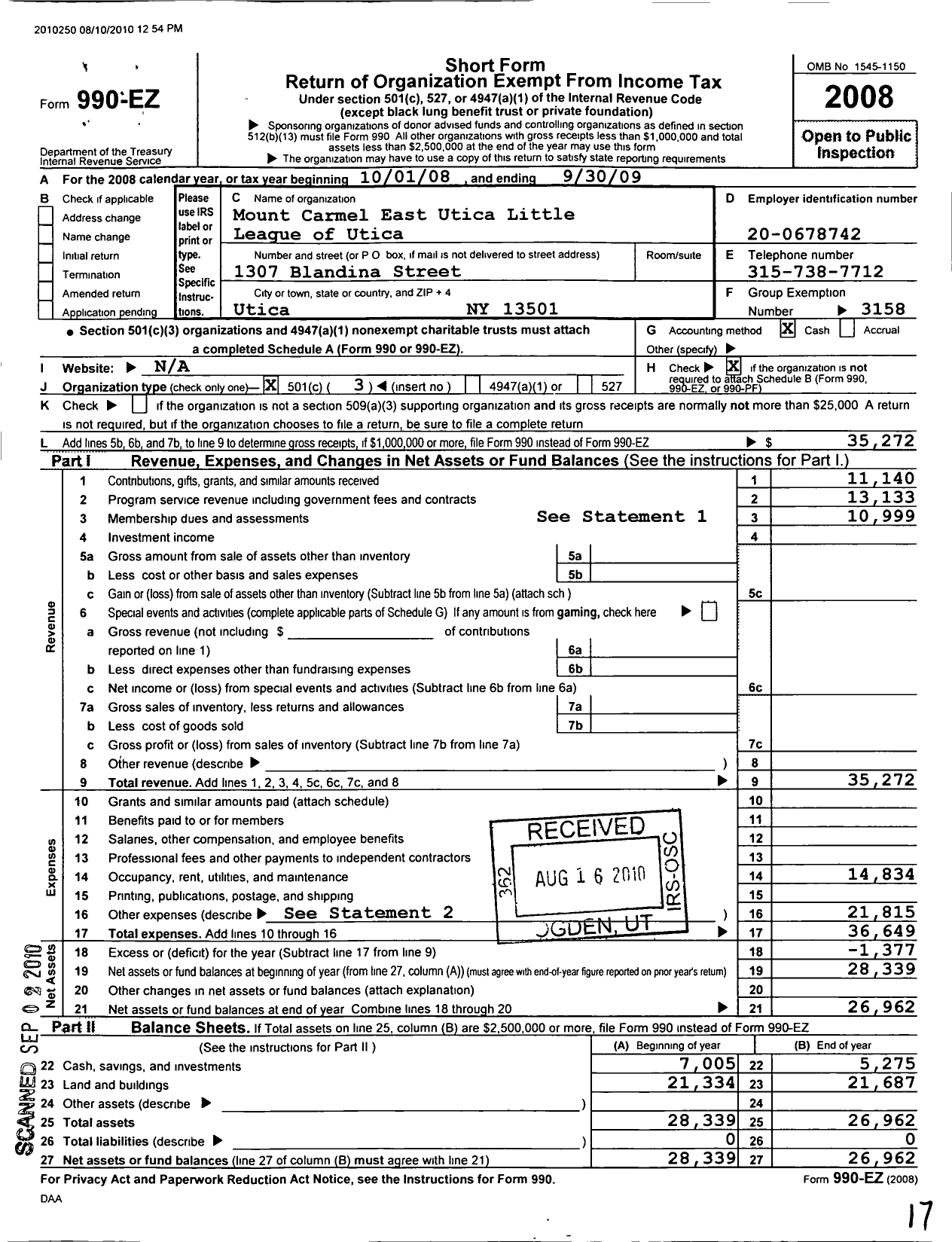 Image of first page of 2008 Form 990EZ for Little League Baseball - 2321013 Mount Carmel East LL