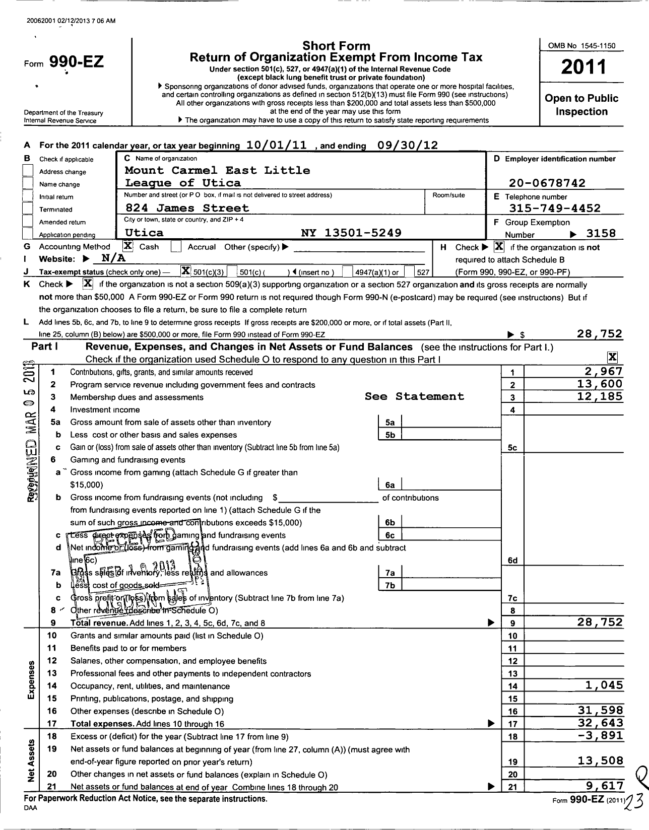 Image of first page of 2011 Form 990EZ for Little League Baseball - 2321013 Mount Carmel East LL