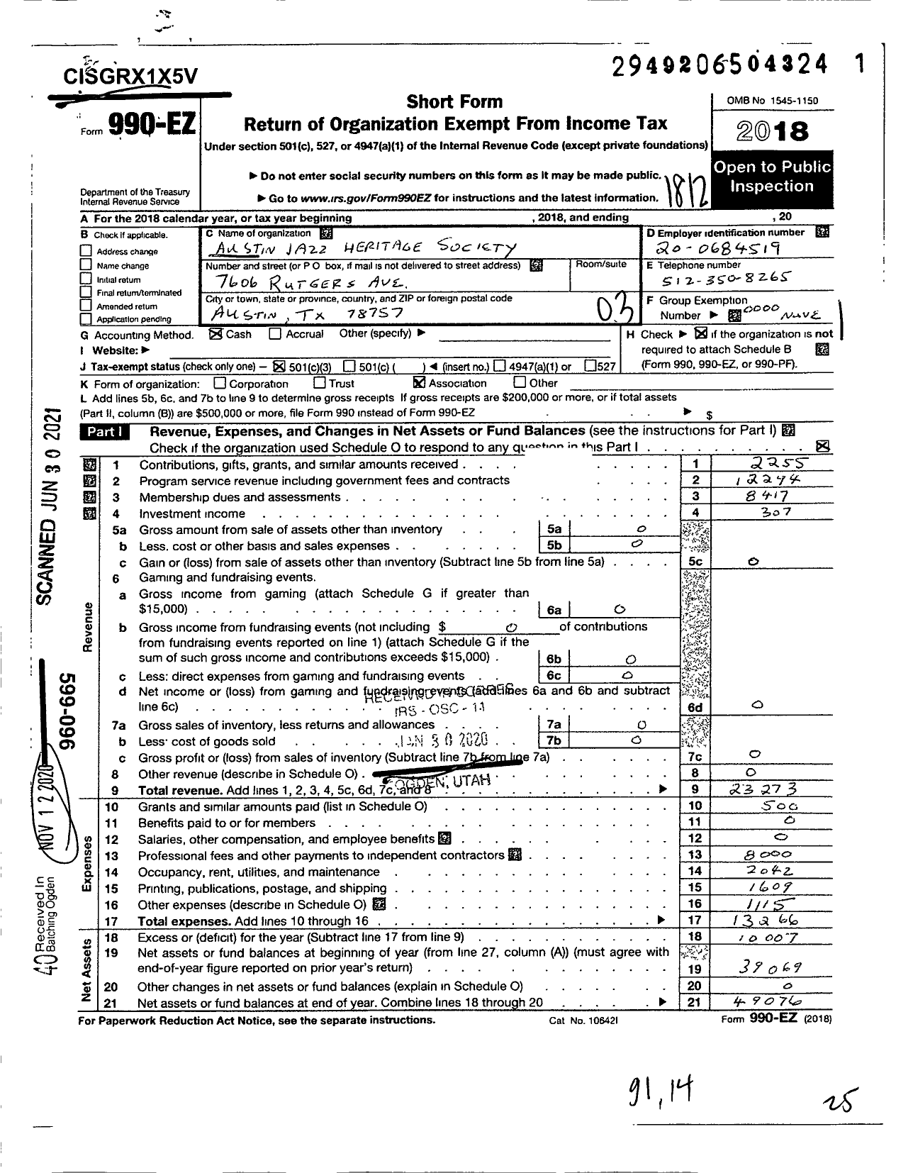 Image of first page of 2018 Form 990EZ for Austin Jazz Heritage Society