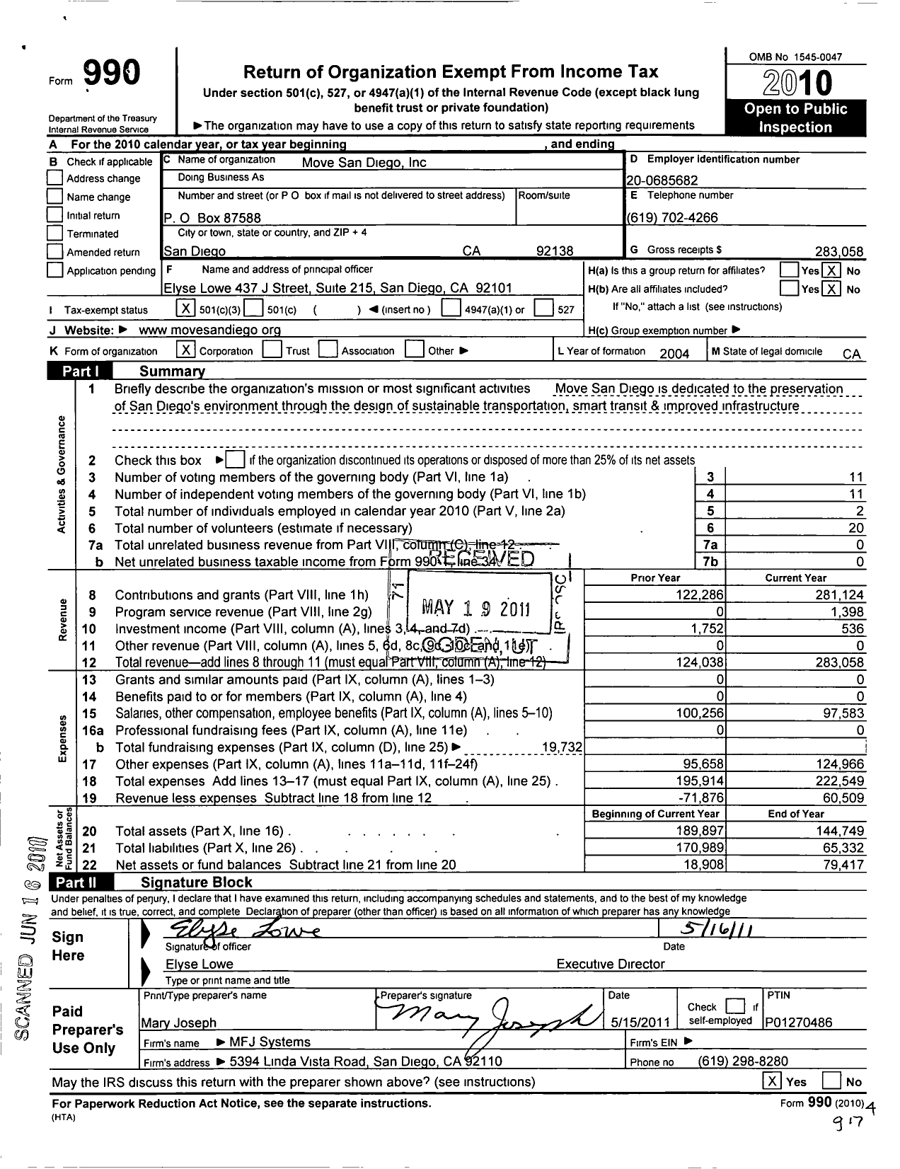 Image of first page of 2010 Form 990 for Move San Diego