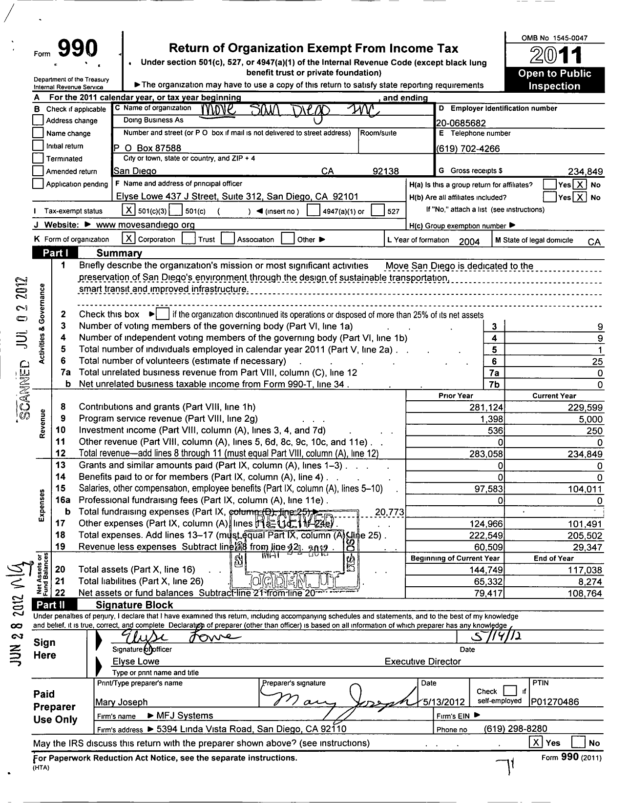 Image of first page of 2011 Form 990 for Move San Diego