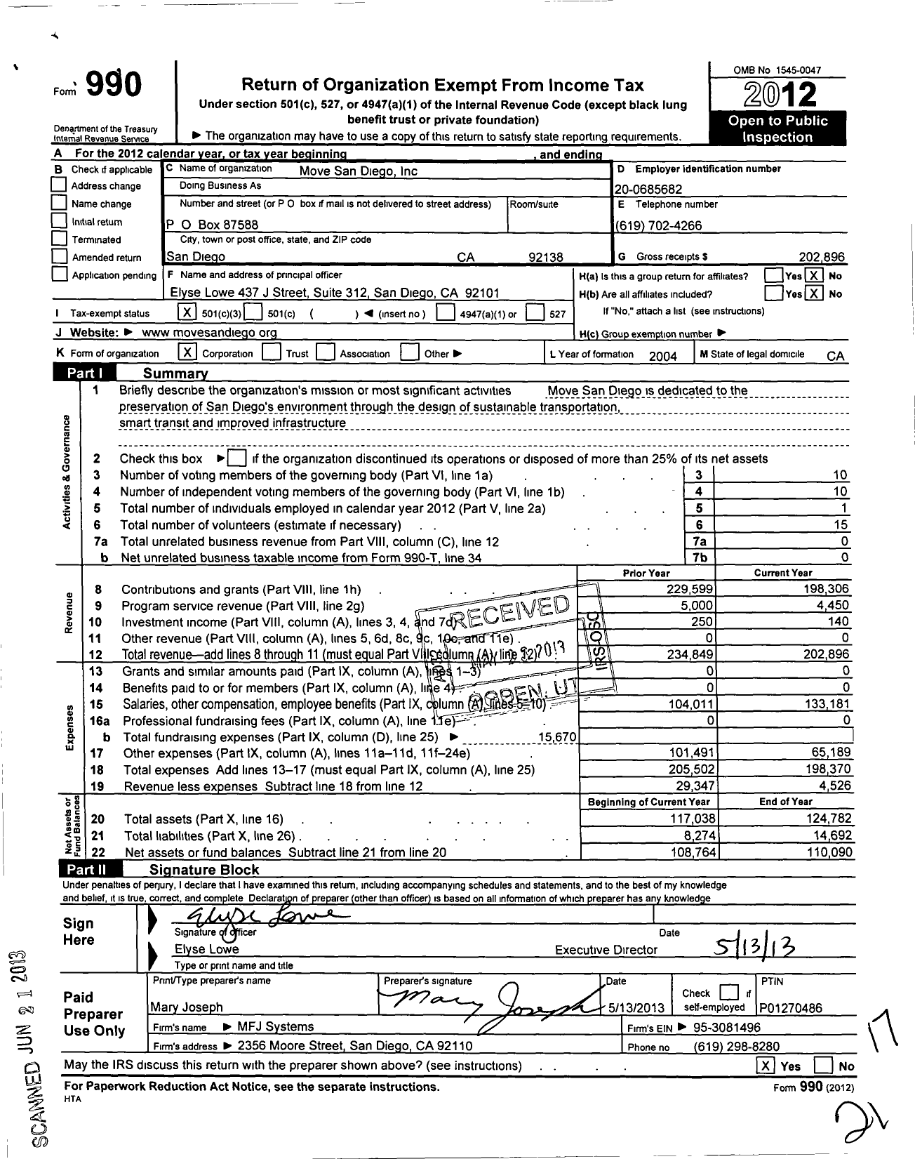 Image of first page of 2012 Form 990 for Move San Diego