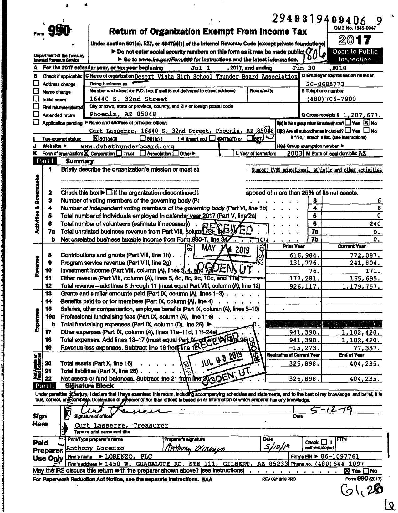 Image of first page of 2017 Form 990 for Desert Vista High School Thunder Board Association