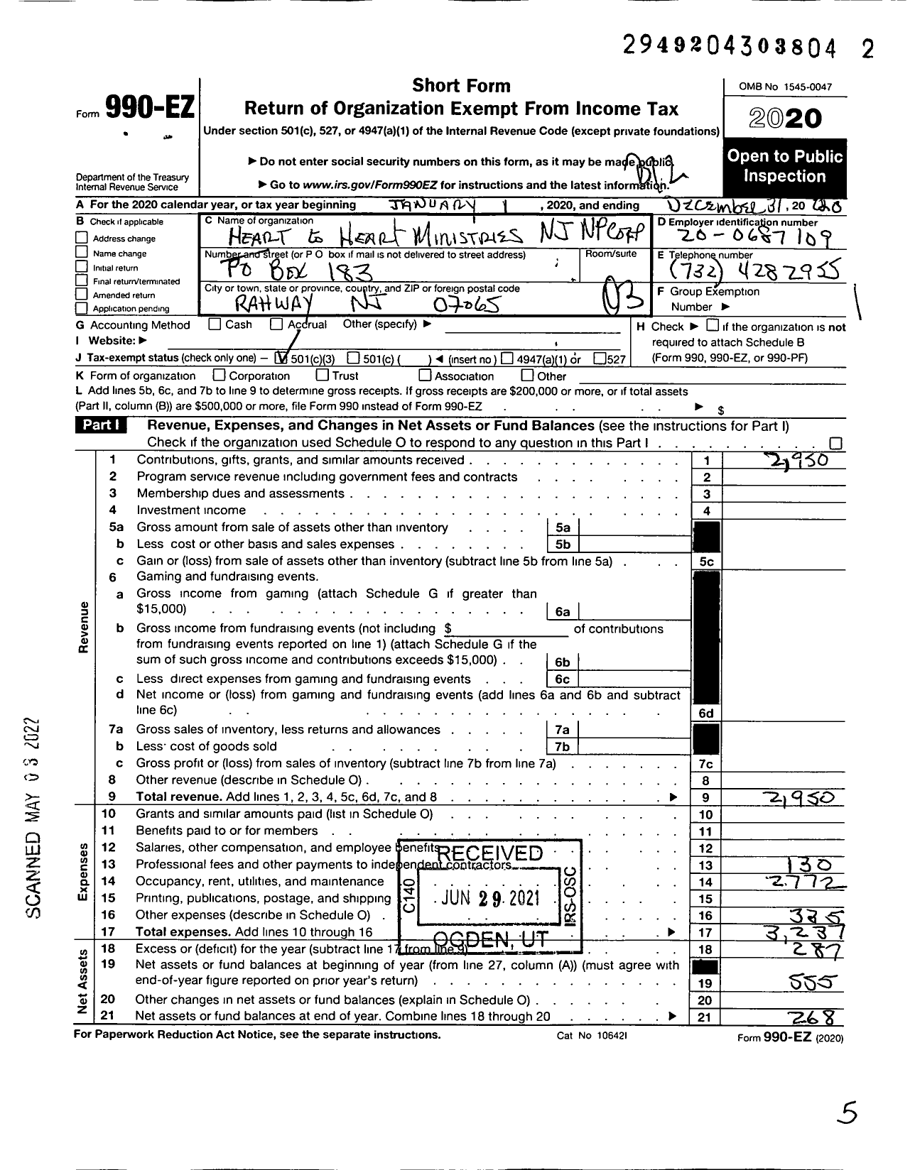 Image of first page of 2020 Form 990EZ for Heart To Heart Ministries