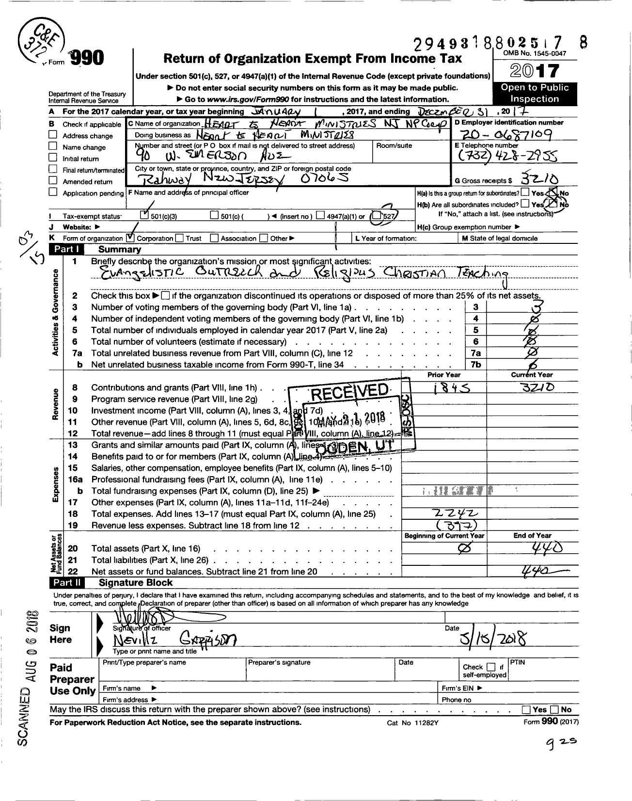 Image of first page of 2017 Form 990 for Heart To Heart Ministries