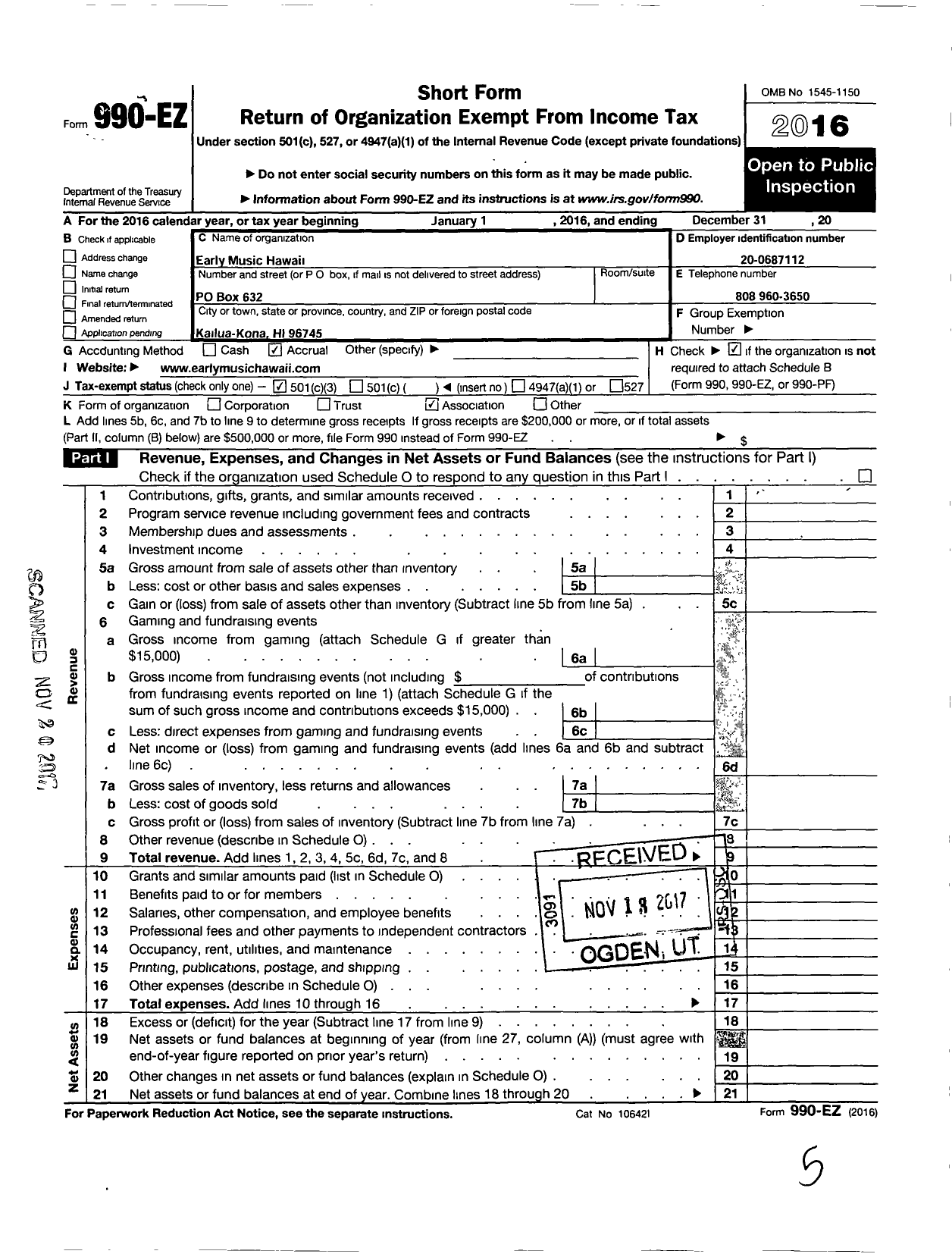 Image of first page of 2016 Form 990EZ for Early Music Hawaii